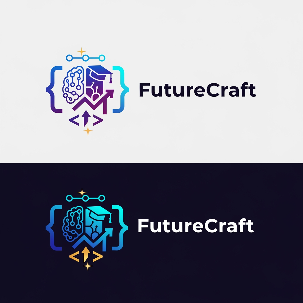 AI Design for Design a premium, futuristic logo for an international e-learning platform called "FutureCraft". The platform teaches AI, coding, technology, innovation, digital skills, and future-ready education to students worldwide. Create a modern and memorable brand identity that symbolizes learning, growth, creativity, intelligence, and global connectivity.
Logo concept: Combine elements of a digital brain, AI neural network, graduation cap, coding brackets </>, and an upward growth symbol. The design should feel innovative, trustworthy, and inspiring for learners of all ages across different countries.
Style: Minimalist, clean, professional, futuristic, tech-driven, scalable vector logo.
Colors: Electric blue, deep purple, cyan gradients, with optional gold accents for premium appeal.
Typography: Custom modern sans-serif font, bold yet friendly, with "FutureCraft" prominently displayed.
Visual feel: Similar to leading global brands in education and technology, suitable for website, mobile app, social media, certificates, and merchandise.
Background: White and dark versions.
Output: High-end vector logo, flat design, iconic symbol + wordmark, award-winning branding quality, global ed-tech startup identity, 4K, sharp details, professional brand guidelines style presentation.