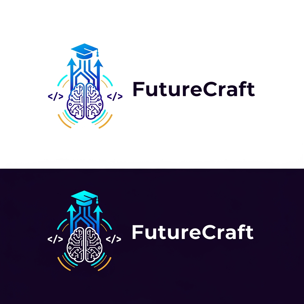 AI Design for Design a premium, futuristic logo for an international e-learning platform called "FutureCraft". The platform teaches AI, coding, technology, innovation, digital skills, and future-ready education to students worldwide. Create a modern and memorable brand identity that symbolizes learning, growth, creativity, intelligence, and global connectivity.
Logo concept: Combine elements of a digital brain, AI neural network, graduation cap, coding brackets </>, and an upward growth symbol. The design should feel innovative, trustworthy, and inspiring for learners of all ages across different countries.
Style: Minimalist, clean, professional, futuristic, tech-driven, scalable vector logo.
Colors: Electric blue, deep purple, cyan gradients, with optional gold accents for premium appeal.
Typography: Custom modern sans-serif font, bold yet friendly, with "FutureCraft" prominently displayed.
Visual feel: Similar to leading global brands in education and technology, suitable for website, mobile app, social media, certificates, and merchandise.
Background: White and dark versions.
Output: High-end vector logo, flat design, iconic symbol + wordmark, award-winning branding quality, global ed-tech startup identity, 4K, sharp details, professional brand guidelines style presentation.