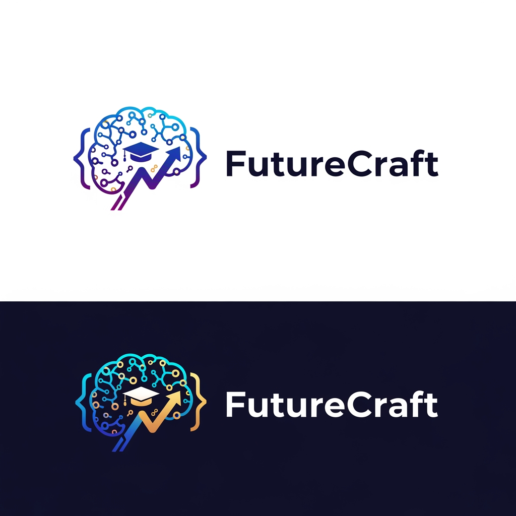 AI Design for Design a premium, futuristic logo for an international e-learning platform called "FutureCraft". The platform teaches AI, coding, technology, innovation, digital skills, and future-ready education to students worldwide. Create a modern and memorable brand identity that symbolizes learning, growth, creativity, intelligence, and global connectivity.
Logo concept: Combine elements of a digital brain, AI neural network, graduation cap, coding brackets </>, and an upward growth symbol. The design should feel innovative, trustworthy, and inspiring for learners of all ages across different countries.
Style: Minimalist, clean, professional, futuristic, tech-driven, scalable vector logo.
Colors: Electric blue, deep purple, cyan gradients, with optional gold accents for premium appeal.
Typography: Custom modern sans-serif font, bold yet friendly, with "FutureCraft" prominently displayed.
Visual feel: Similar to leading global brands in education and technology, suitable for website, mobile app, social media, certificates, and merchandise.
Background: White and dark versions.
Output: High-end vector logo, flat design, iconic symbol + wordmark, award-winning branding quality, global ed-tech startup identity, 4K, sharp details, professional brand guidelines style presentation.