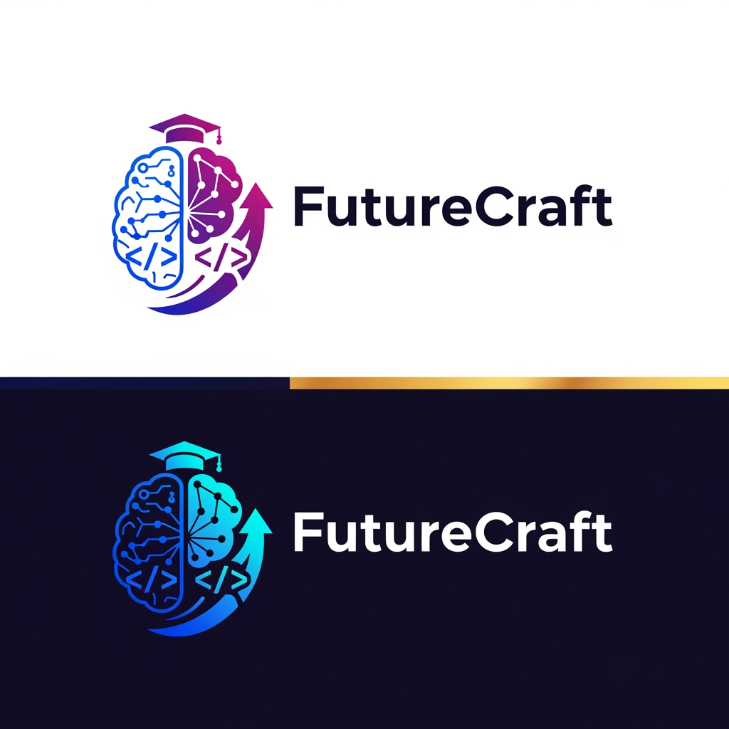AI Design for Design a premium, futuristic logo for an international e-learning platform called "FutureCraft". The platform teaches AI, coding, technology, innovation, digital skills, and future-ready education to students worldwide. Create a modern and memorable brand identity that symbolizes learning, growth, creativity, intelligence, and global connectivity.
Logo concept: Combine elements of a digital brain, AI neural network, graduation cap, coding brackets </>, and an upward growth symbol. The design should feel innovative, trustworthy, and inspiring for learners of all ages across different countries.
Style: Minimalist, clean, professional, futuristic, tech-driven, scalable vector logo.
Colors: Electric blue, deep purple, cyan gradients, with optional gold accents for premium appeal.
Typography: Custom modern sans-serif font, bold yet friendly, with "FutureCraft" prominently displayed.
Visual feel: Similar to leading global brands in education and technology, suitable for website, mobile app, social media, certificates, and merchandise.
Background: White and dark versions.
Output: High-end vector logo, flat design, iconic symbol + wordmark, award-winning branding quality, global ed-tech startup identity, 4K, sharp details, professional brand guidelines style presentation.