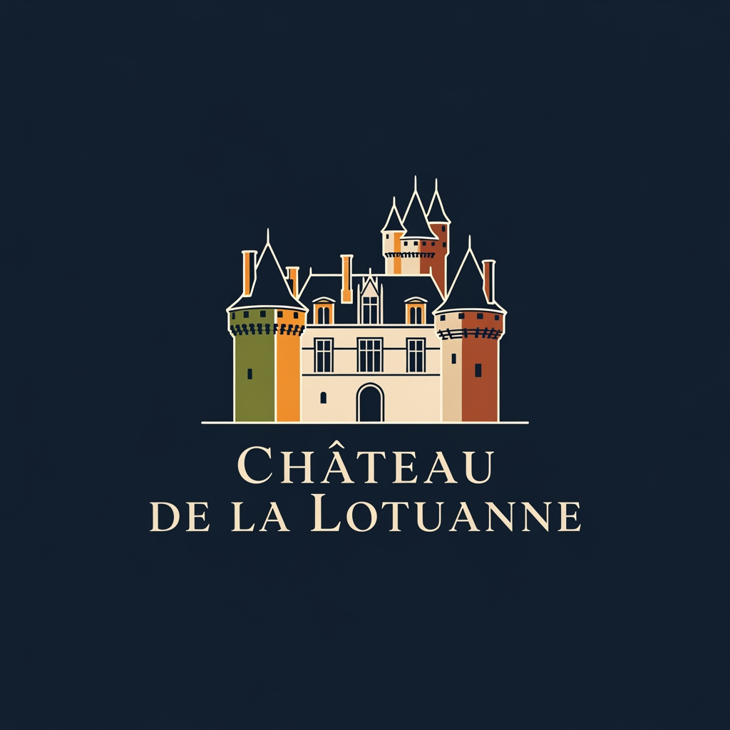 AI Design for has un logo que refleje al chateau de la lotuanne, un castillo en francia a 30 min de orleans. que se vea sofisticado, elegante y refleje la identidad del castillo, la paleta de colores es azul oscuro elegante, verde oliva, naranja, beige y cafe un poco oscuro. que sea minimalista y caracteristico, que se vea como sello de marca de lujo