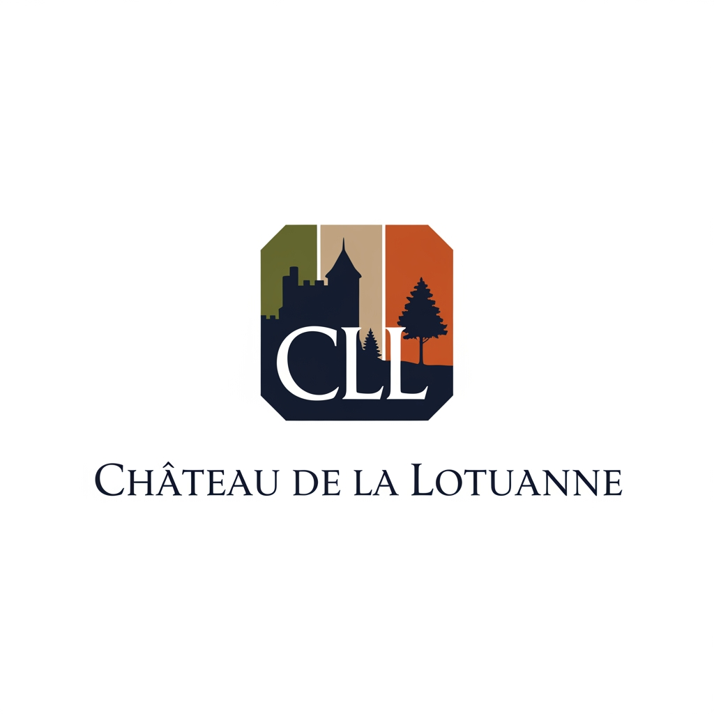 AI Design for has un logo que refleje al chateau de la lotuanne, un castillo en francia a 30 min de orleans. que se vea sofisticado, elegante y refleje la identidad del castillo, la paleta de colores es azul oscuro elegante, verde oliva, naranja, beige y cafe un poco oscuro. que sea minimalista y caracteristico, que se vea como sello de marca de lujo. aveces menos mas, podria ser las letras de las iniciales, la silueta de un castillo o el bosque, algo minimalista pero que se entienda muy bien