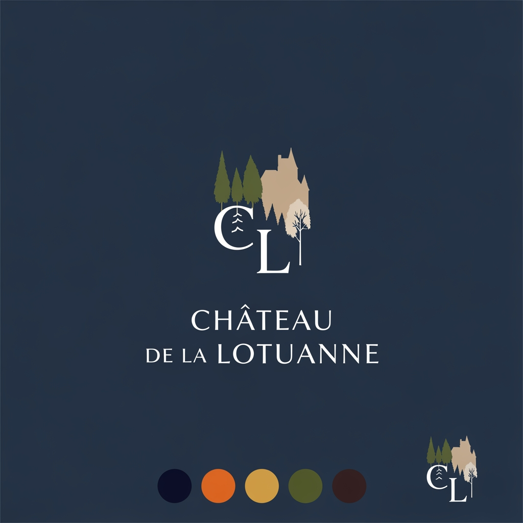 AI Design for has un logo que refleje al chateau de la lotuanne, un castillo en francia a 30 min de orleans. que se vea sofisticado, elegante y refleje la identidad del castillo, la paleta de colores es azul oscuro elegante, verde oliva, naranja, beige y cafe un poco oscuro. que sea minimalista y caracteristico, que se vea como sello de marca de lujo. aveces menos mas, podria ser las letras de las iniciales, la silueta de un castillo o el bosque, algo minimalista pero que se entienda muy bien