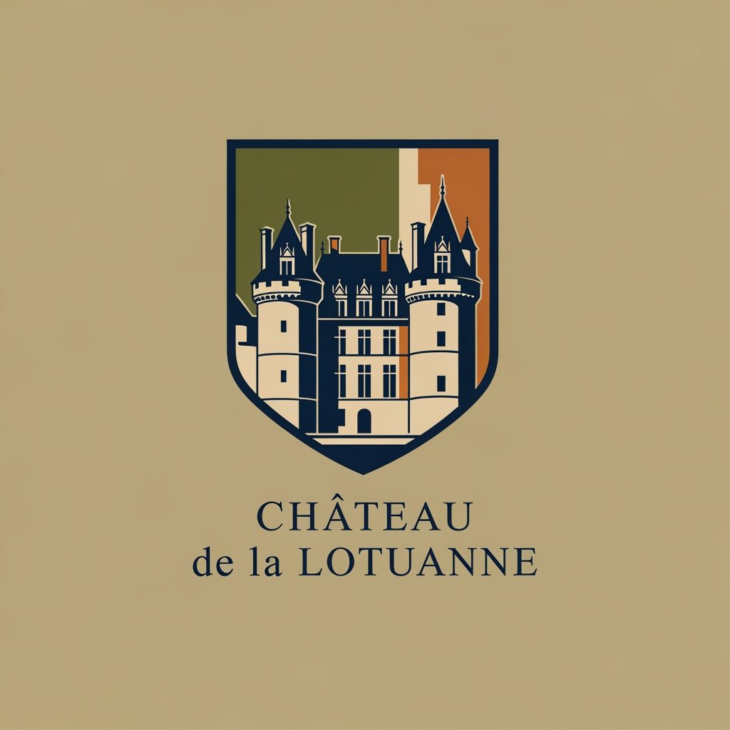 AI Design for has un logo que refleje al chateau de la lotuanne, un castillo en francia a 30 min de orleans. que se vea sofisticado, elegante y refleje la identidad del castillo, la paleta de colores es azul oscuro elegante, verde oliva, naranja, beige y cafe un poco oscuro. que sea minimalista y caracteristico, que se vea como sello de marca de lujo