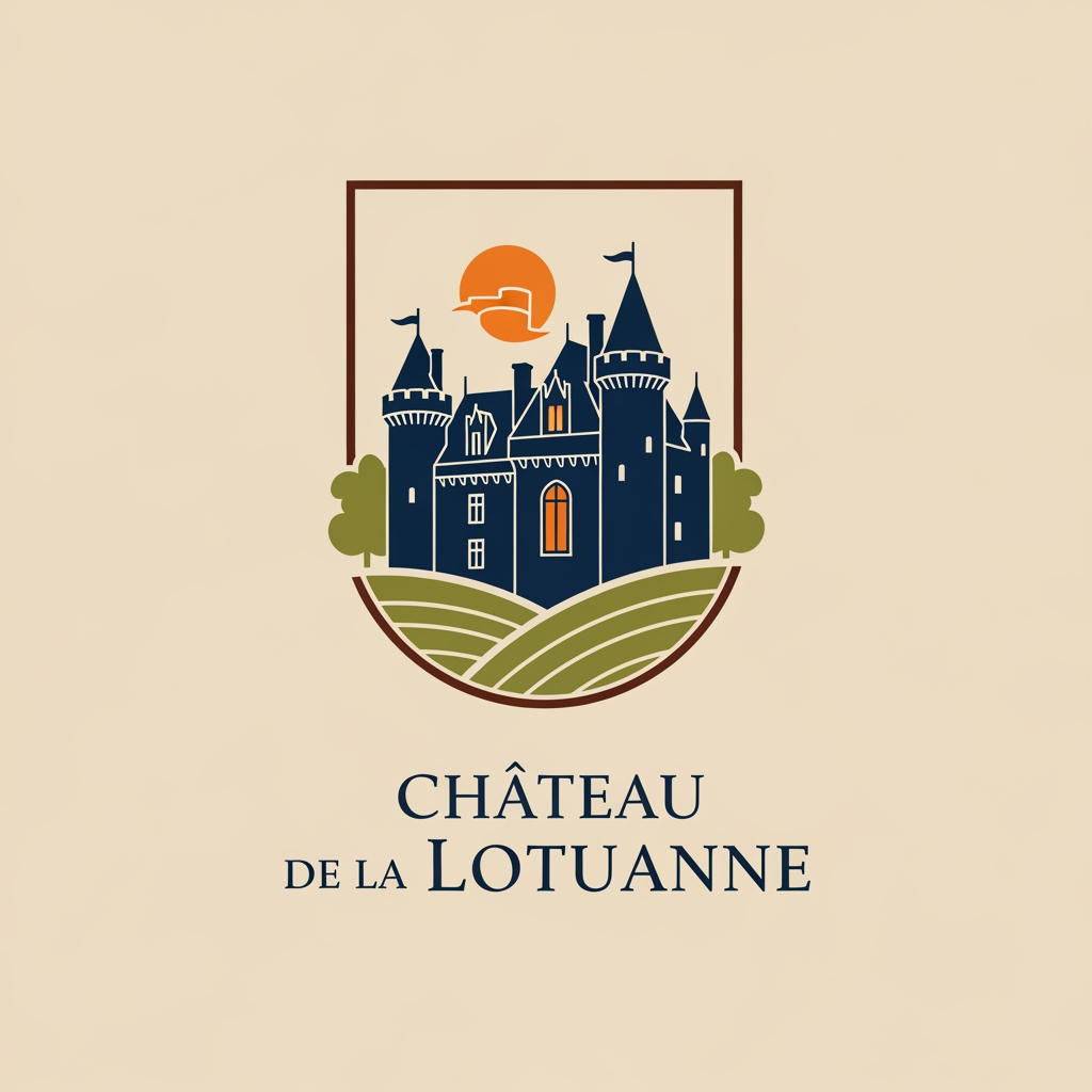 AI Design for has un logo que refleje al chateau de la lotuanne, un castillo en francia a 30 min de orleans. que se vea sofisticado, elegante y refleje la identidad del castillo, la paleta de colores es azul oscuro elegante, verde oliva, naranja, beige y cafe un poco oscuro