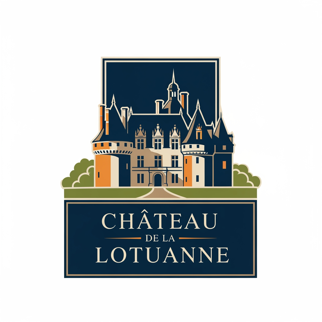 AI Design for has un logo que refleje al chateau de la lotuanne, un castillo en francia a 30 min de orleans. que se vea sofisticado, elegante y refleje la identidad del castillo, la paleta de colores es azul oscuro elegante, verde oliva, naranja, beige y cafe un poco oscuro