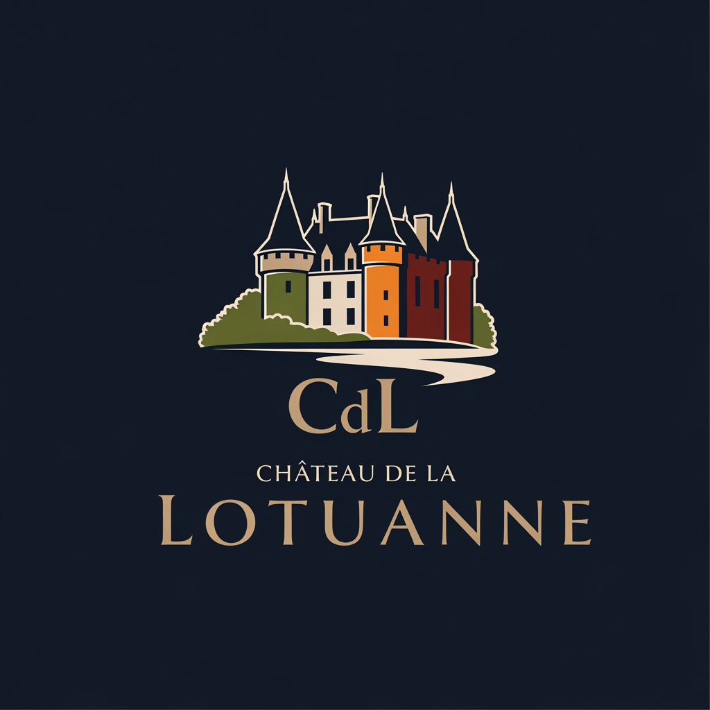AI Design for has un logo que refleje al chateau de la lotuanne, un castillo en francia a 30 min de orleans. que se vea sofisticado, elegante y refleje la identidad del castillo, la paleta de colores es azul oscuro elegante, verde oliva, naranja, beige y cafe un poco oscuro. que sea minimalista y caracteristico, que se vea como sello de marca de lujo. aveces menos mas, podria ser las letras de las iniciales, la silueta de un castillo o el bosque, algo minimalista pero que se entienda muy bien