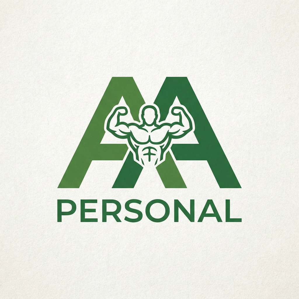 AI Design for Create a logo for my personal training business. The business is called "AA Personal." I was thinking of a green, minimalist logo with a bodybuilder figure in the center, two intersecting A's, and the word "Personal" below the logo.