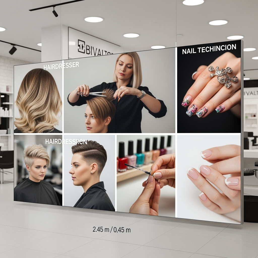 AI Design for I want a mockup for a hairdresser/nail technician with photos on a 2.45 x0.45  scale.