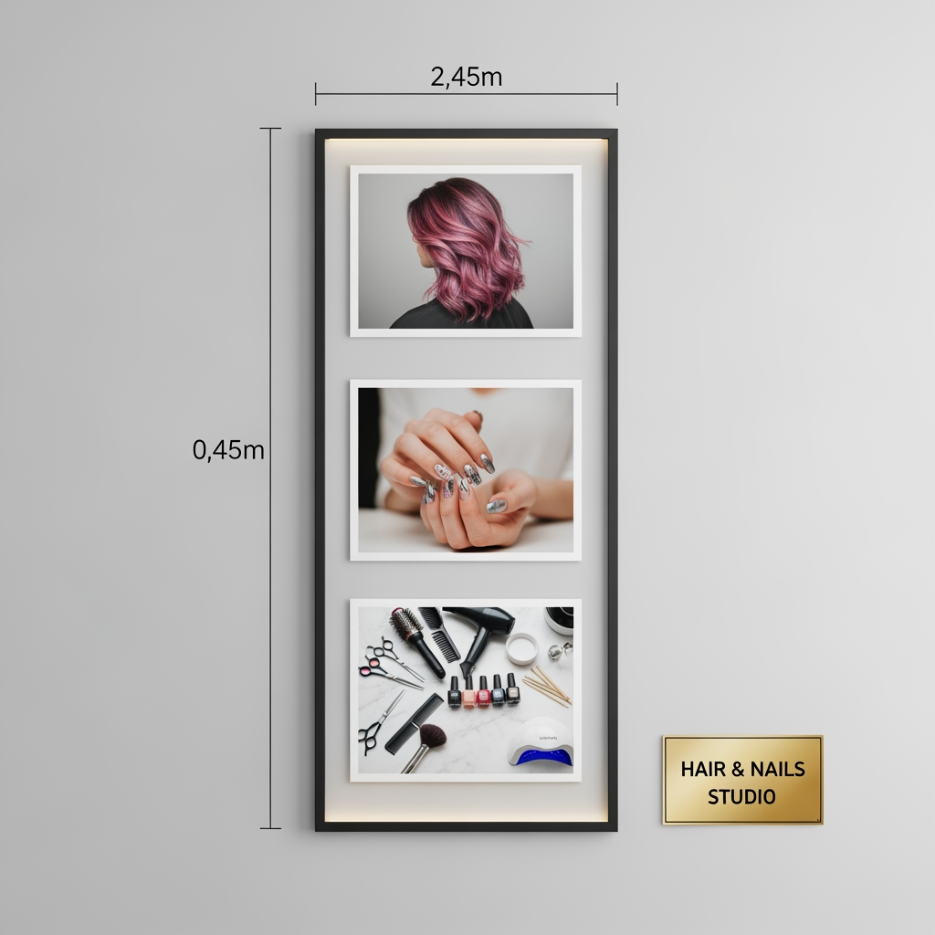 AI Design for I want a mockup for a hairdresser/nail technician with photos on a 0.45 x 2.45 scale.