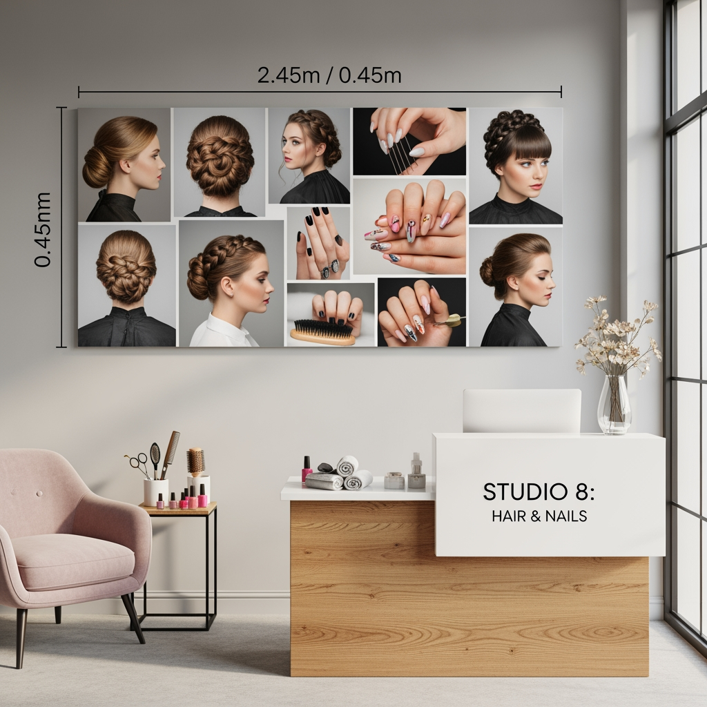 AI Design for I want a mockup for a hairdresser/nail technician with photos on a 2.45 x0.45  scale.
