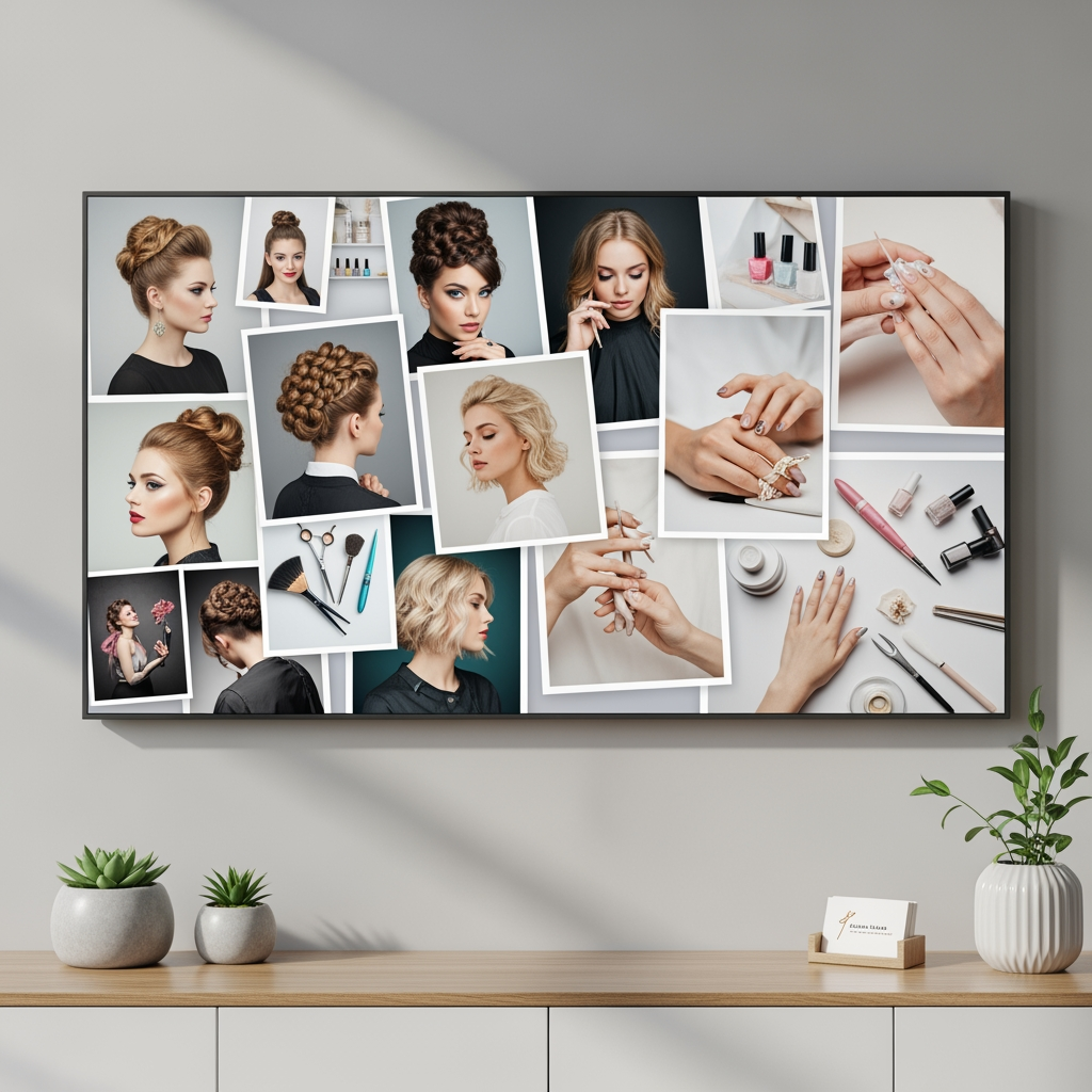 AI Design for I want a mockup for a hairdresser/nail technician with photos on a 0.45 x 2.45 scale.