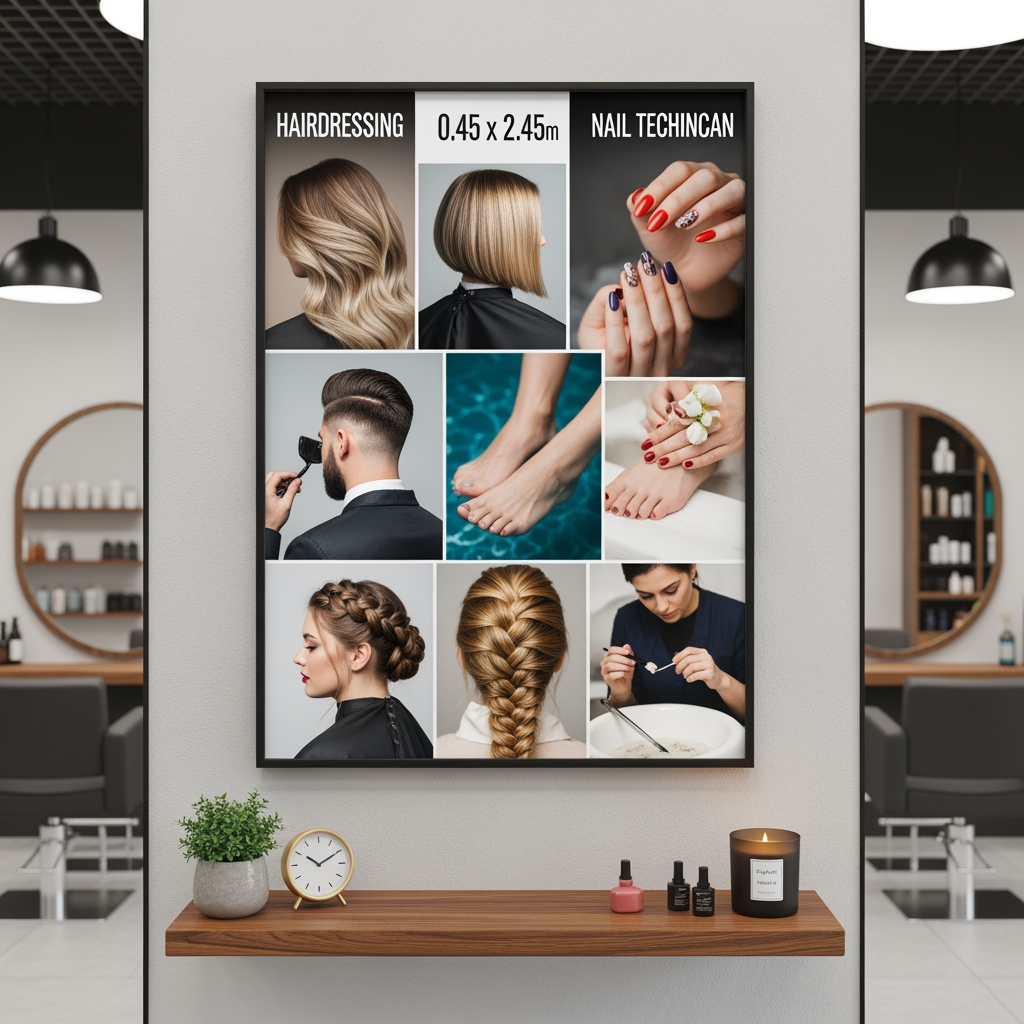 AI Design for I want a mockup for a hairdresser/nail technician with photos on a 0.45 x 2.45 scale.