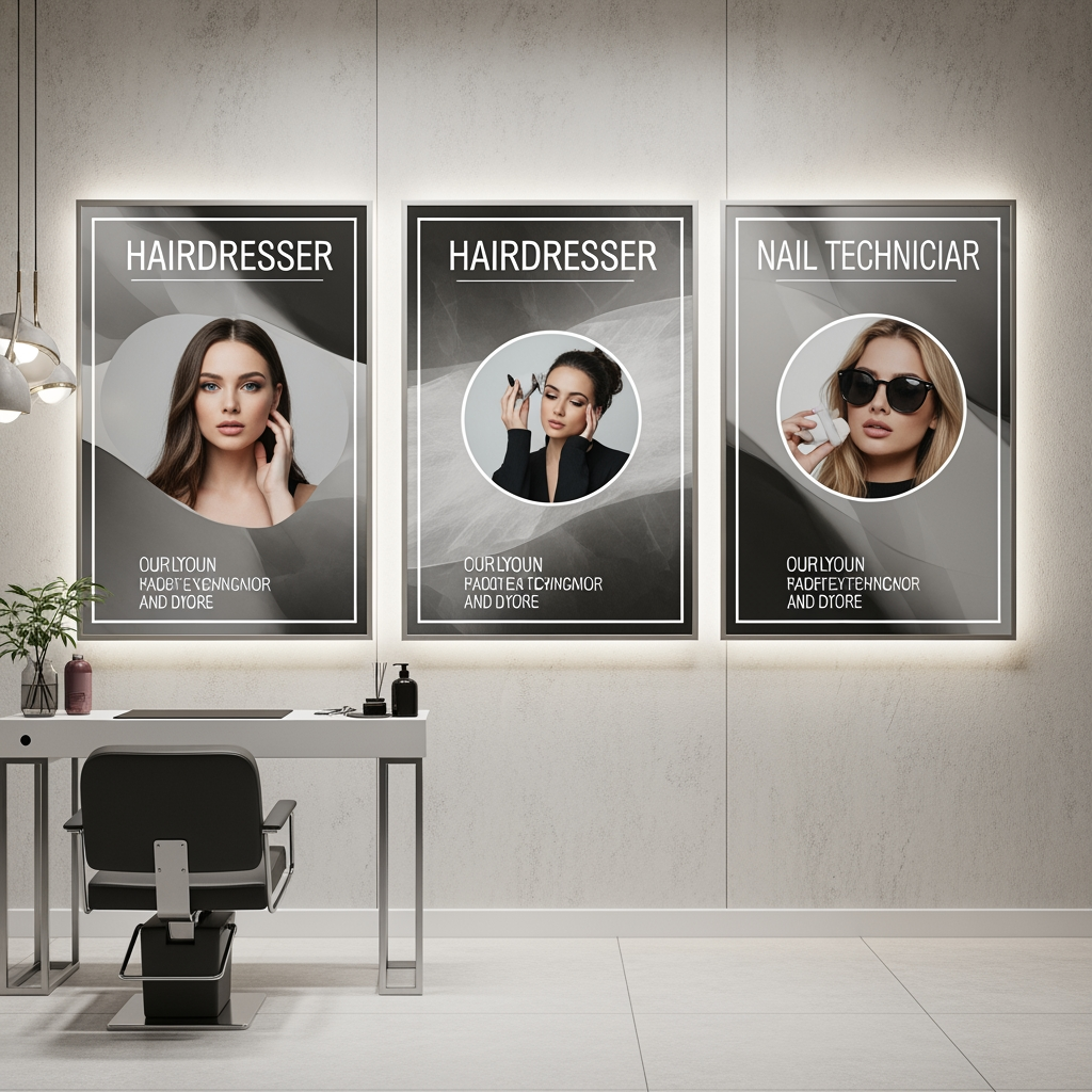 AI Design for I want a mockup for a hairdresser/nail technician with photos on a 2.45 x0.45  scale.