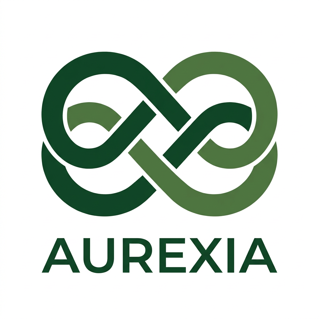 AI Design for A minimalist, modern vector logo design depicting a stylized knot that seamlessly intertwines two distinct, sleek ribbon-like forms, symbolizing the connection between creators and brands. The design should utilize a clean, professional color palette with bold, balanced lines on a solid white background, emphasizing symmetry, trust, and professional collaboration. The name for the website is AUREXIA use of green color is appreciated