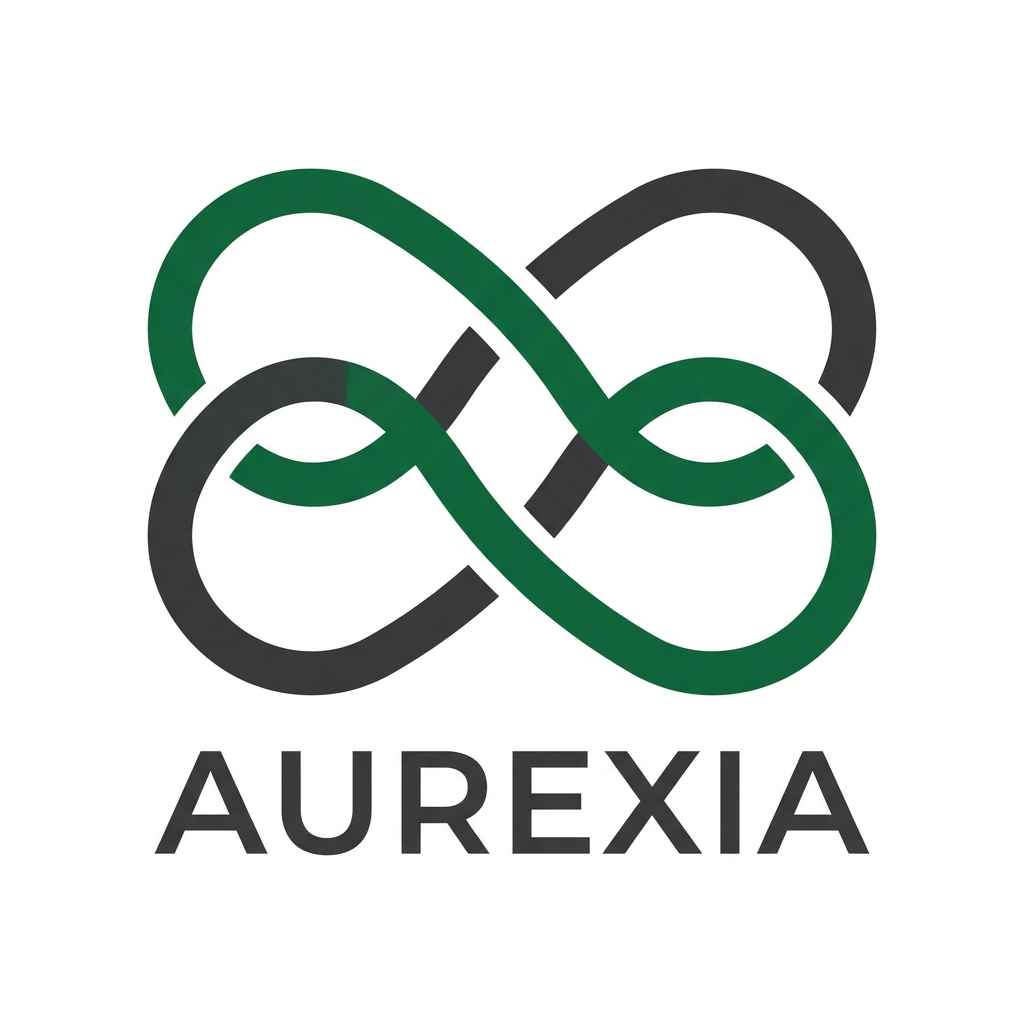 AI Design for A minimalist, modern vector logo design depicting a stylized knot that seamlessly intertwines two distinct, sleek ribbon-like forms, symbolizing the connection between creators and brands. The design should utilize a clean, professional color palette with bold, balanced lines on a solid white background, emphasizing symmetry, trust, and professional collaboration. The name for the website is AUREXIA use of green color is appreciated