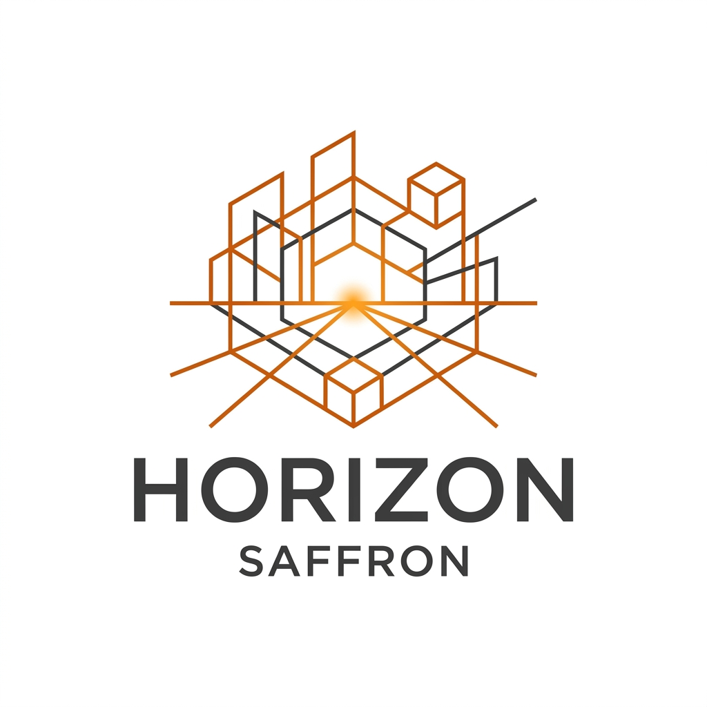 AI Design for A sophisticated and modern logo design for Horizon, a real estate virtualization platform. The aesthetic should be clean and architectural, utilizing a minimalist geometric icon that suggests depth, perspective, and digital connectivity. Use a color palette of deep saffron orange and charcoal grey to convey professional reliability and innovation, presented against a crisp white background.