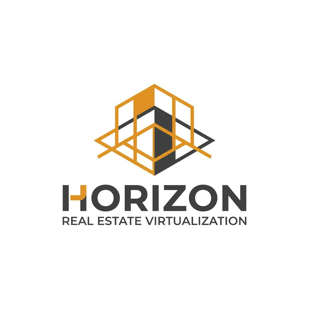 AI Design for A sophisticated and modern logo design for Horizon, a real estate virtualization platform. The aesthetic should be clean and architectural, utilizing a minimalist geometric icon that suggests depth, perspective, and digital connectivity. Use a color palette of deep saffron orange and charcoal grey to convey professional reliability and innovation, presented against a crisp white background.