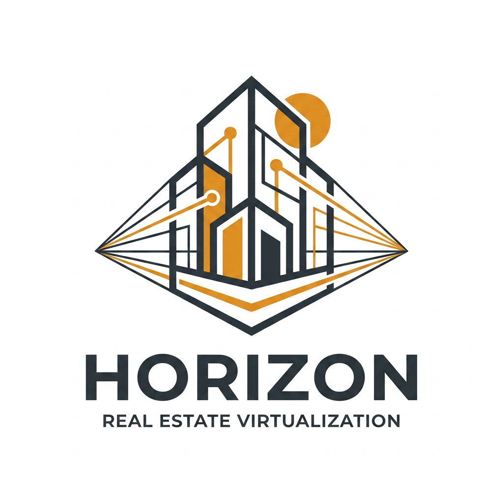 AI Design for A sophisticated and modern logo design for Horizon, a real estate virtualization platform. The aesthetic should be clean and architectural, utilizing a minimalist geometric icon that suggests depth, perspective, and digital connectivity. Use a color palette of deep saffron orange and charcoal grey to convey professional reliability and innovation, presented against a crisp white background.
