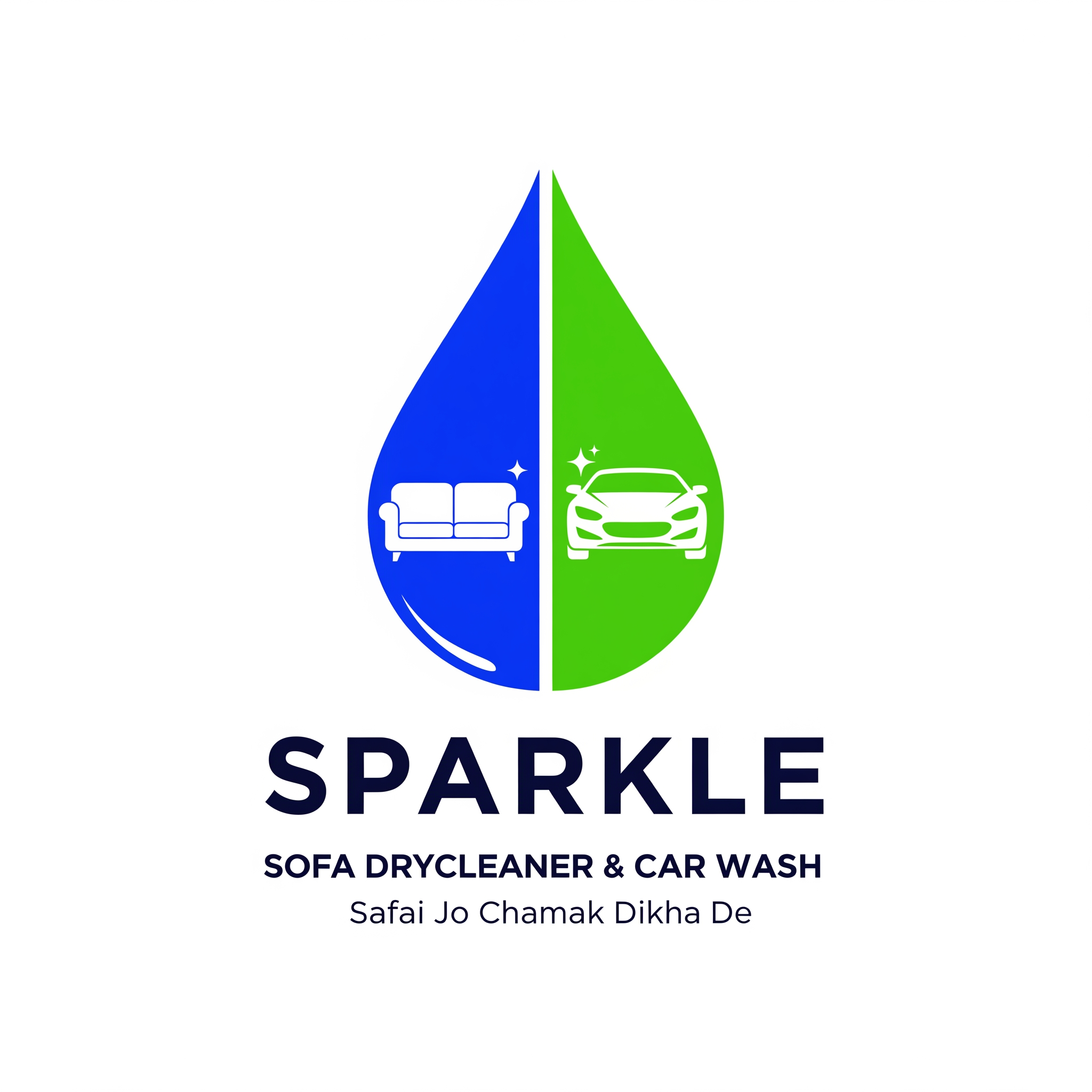 AI Design for Create a premium modern vector logo for a cleaning and detailing brand named "SPARKLE".
Business Type:
Sofa Drycleaner & Car Wash
Logo Concept:
A single elegant water droplet combining blue and green colors to represent cleanliness, freshness, water, trust, and eco-friendly service.
Inside the droplet:
• A clean modern sofa on the left side
• A sleek modern car on the right side
• Both icons must be fully integrated inside the droplet, not floating outside
• Sofa and car should look balanced and professional
Typography:
• Bold modern text: SPARKLE
• Strong, premium, memorable branding
• Dark navy blue typography
Below Brand Name:
SOFA DRYCLEANER & CAR WASH
Tagline:
Safai Jo Chamak Dikha De
Design Style:
• Flat vector logo
• Minimal and professional
• Clean lines
• Symmetrical composition
• High-end brand identity
• Modern commercial logo
• Suitable for shop board, vehicle branding, uniforms, visiting cards, website, social media, banners and stickers
Color Palette:
• Royal Blue
• Fresh Green
• White
Important Requirements:
• No 3D effects
• No gradients
• No shadows
• No cartoon style
• No mascot
• No realistic rendering
• No unnecessary details
• No background elements
Output:
• Clean SVG-style vector logo
• White background
• Print-ready
• Professional branding quality
• High resolution
• Corporate identity style
The logo should look like a real business brand that can compete with premium cleaning and detailing companies.