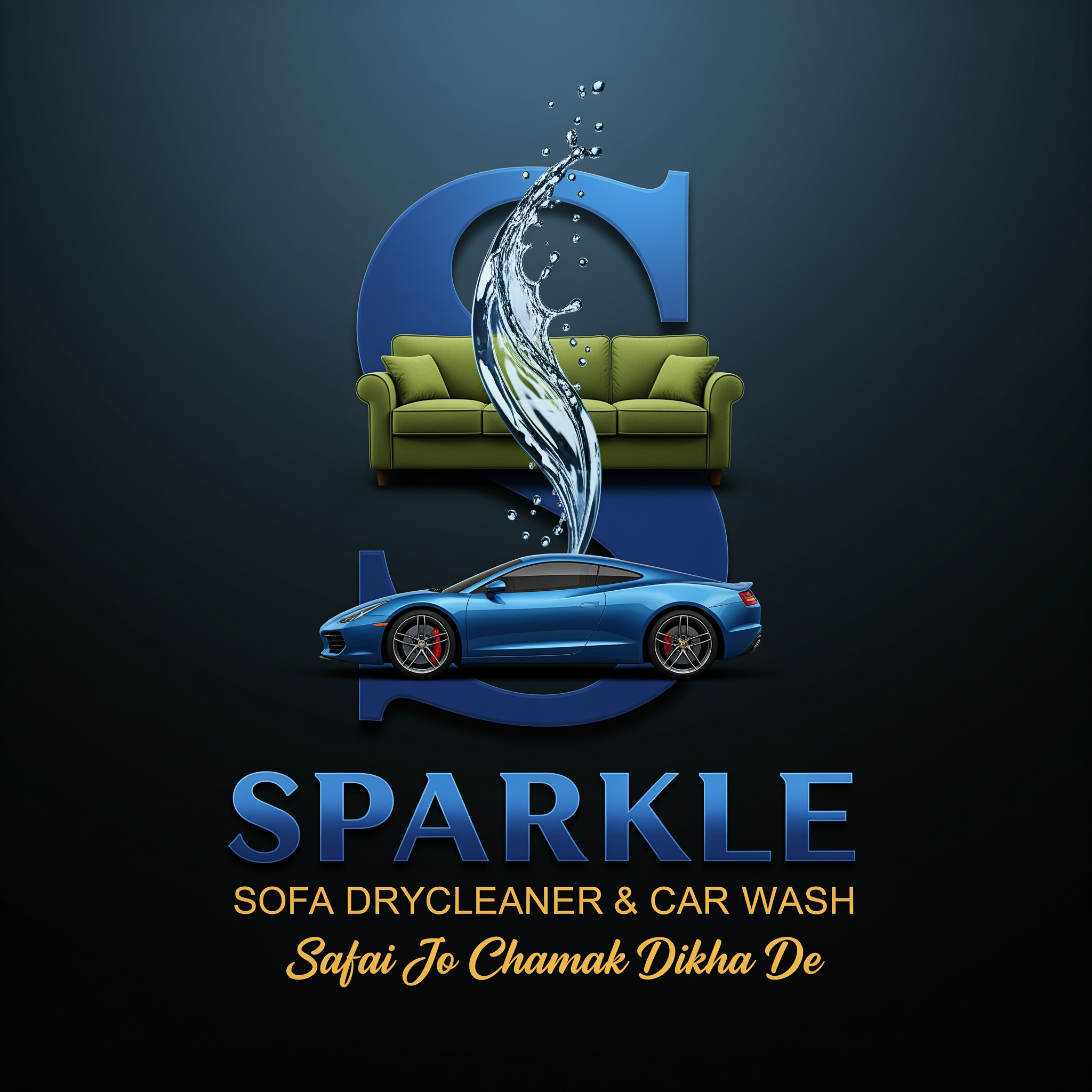 AI Design for Create a premium luxury logo for "SPARKLE".
Use a large stylish letter "S" as the central hero element.
The letter S should be elegant, bold and premium.
A realistic luxury blue sports car should be seamlessly integrated into the lower portion of the S.
A premium green sofa should be seamlessly integrated into the opposite side of the S.
A dynamic water splash should flow vertically through the center of the S, symbolizing cleaning, freshness and transformation.
The sofa and car must look naturally connected to the S, not separate floating objects.
Typography:
SPARKLE
SOFA DRYCLEANER & CAR WASH
Tagline:
Safai Jo Chamak Dikha De
Style:
Premium branding
Luxury commercial logo
High-end detailing company
Modern advertising poster style
Eye-catching
Professional
Memorable
Color Palette:
Deep Royal Blue
Luxury Green
White
Dark Navy
Composition:
Large S in center
Sofa integrated into S
Sports car integrated into S
Water splash passing through S
Brand name below in stylish luxury typography
Service name below brand name
Tagline at bottom
Background:
Dark luxury gradient background
Professional branding presentation
High-end marketing poster look
Suitable for:
T-shirt printing
Shop boards
Flex banners
Vehicle branding
Social media marketing
Business profile branding
Make it look like a premium national-level brand identity, not a simple vector icon. Keep the same logo design.
Do not change the S symbol, car, sofa or water splash.
Improve typography significantly.
Brand Name:
SPARKLE
Make SPARKLE large, bold, premium and highly readable.
Below SPARKLE add:
SOFA DRYCLEANER & CAR WASH
Make this text larger, bolder and easy to read from a distance.
Tagline:
Safai Jo Chamak Dikha De
Use an elegant luxury script font.
Increase spacing and readability.
Typography should look like a premium luxury brand.
Make text alignment perfectly centered.
Suitable for:
Shop boards
T-shirt printing
Flex banners
Vehicle branding
Text must remain sharp and readable even from a distance.
Professional branding presentation.