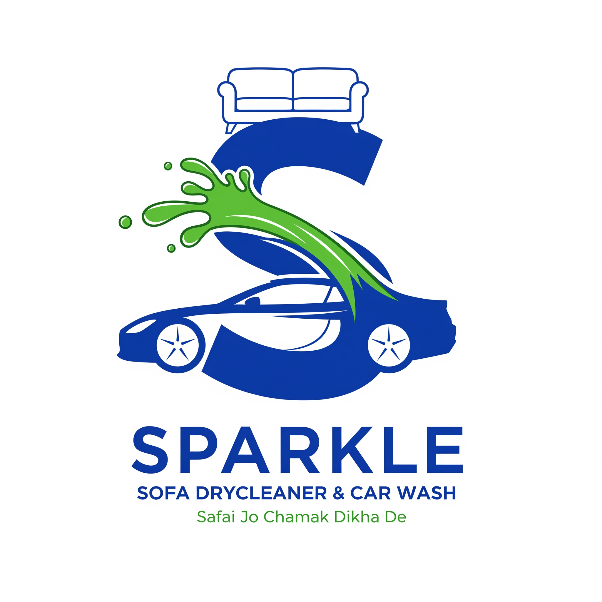 AI Design for Create a premium modern vector logo for "SPARKLE".
Business:
Sofa Drycleaner & Car Wash
Logo Concept:
Design a bold and unique letter "S" as the main brand symbol.
The upper curve of the "S" should naturally integrate a premium sofa silhouette.
The lower curve of the "S" should naturally integrate a sleek luxury car silhouette.
A dynamic water splash should flow through the center of the "S", connecting the sofa and car in a creative and elegant way.
The design should feel powerful, memorable, modern and premium.
Typography:
Brand Name:
SPARKLE
Below:
SOFA DRYCLEANER & CAR WASH
Tagline:
Safai Jo Chamak Dikha De
Color Palette:
Royal Blue
Fresh Green
White
Design Style:
Luxury branding
Modern commercial logo
Flat vector design
Minimal but impactful
Clean geometric shapes
High-end detailing company look
Suitable for:
T-shirt printing
Shop boards
Flex banners
Vehicle branding
Business cards
Social media
Stickers
Uniform branding
Important Requirements:
Make the "S" the hero element.
The sofa and car should be part of the S shape, not separate icons.
Water splash should blend naturally with the S.
Bold and thick S shape.
Strong visual impact from a distance.
Instantly recognizable.
Professional SVG-style logo.
White background.
No 3D effects.
No gradients.
No shadows.
No clipart.
No cartoon style.
No stock icons.
No unnecessary details.
Brand Feel:
Premium
Clean
Modern
Trustworthy
Powerful
Luxury
Memorable
Corporate
The final logo should look like a national-level premium cleaning and detailing brand, suitable for large shop boards and T-shirt printing.