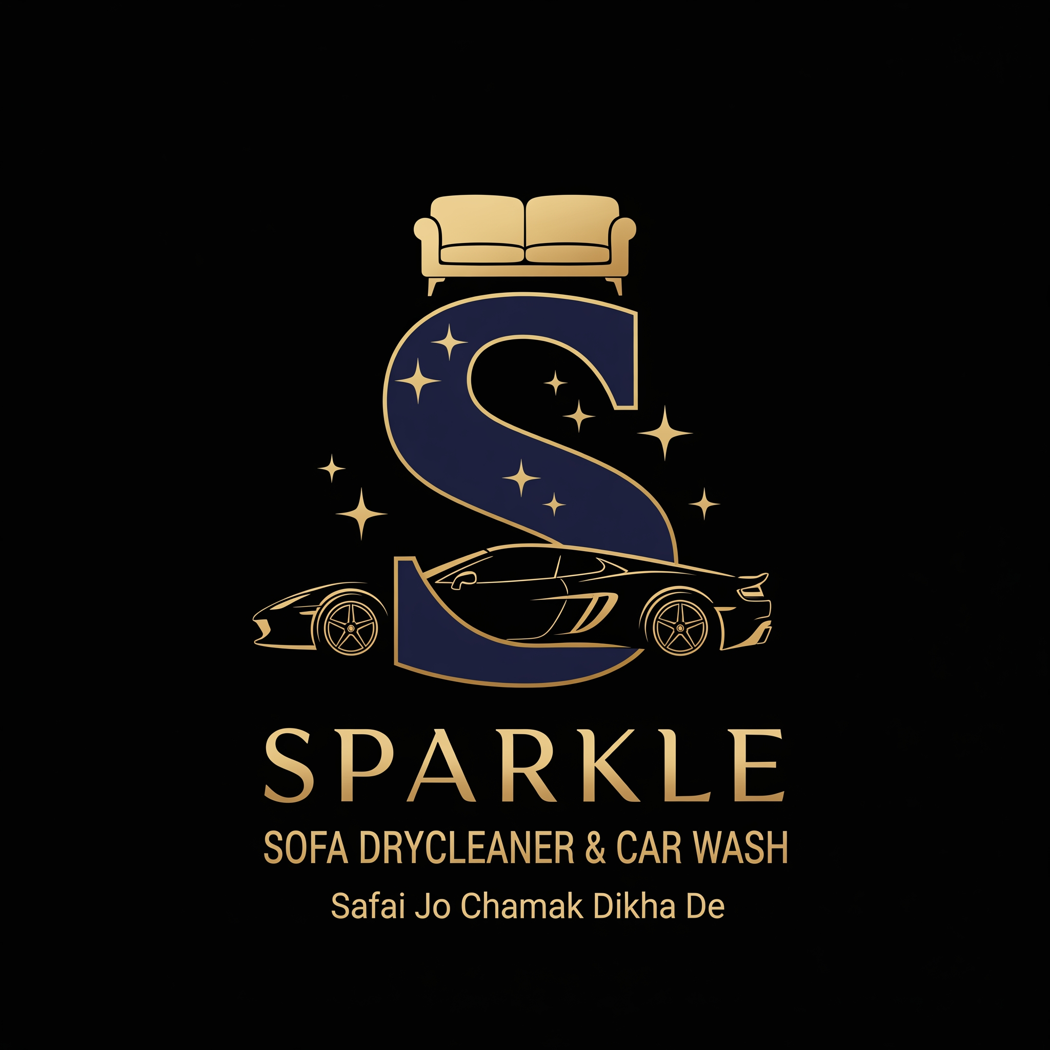 AI Design for Keep the same concept.
Create a luxury premium brand logo for SPARKLE.
Use a bold modern letter S as the main symbol.
The top of the S should subtly integrate a premium sofa silhouette.
The bottom of the S should seamlessly integrate a luxury sports car silhouette.
Add small elegant sparkle stars around the S.
Make the S thicker and more powerful.
Use premium black and deep navy blue colors with subtle gold accents.
Typography:
SPARKLE
Below:
SOFA DRYCLEANER & CAR WASH
Tagline:
Safai Jo Chamak Dikha De
Style:
Luxury
Premium
Minimal
Corporate
Memorable
Suitable for:
T-shirts
Shop boards
Vehicle branding
Business cards
Social media
No cartoon.
No clipart.
No water droplet.
No gradients.
No shadows.
No background.
Create a logo that looks like a national-level premium cleaning and detailing brand.