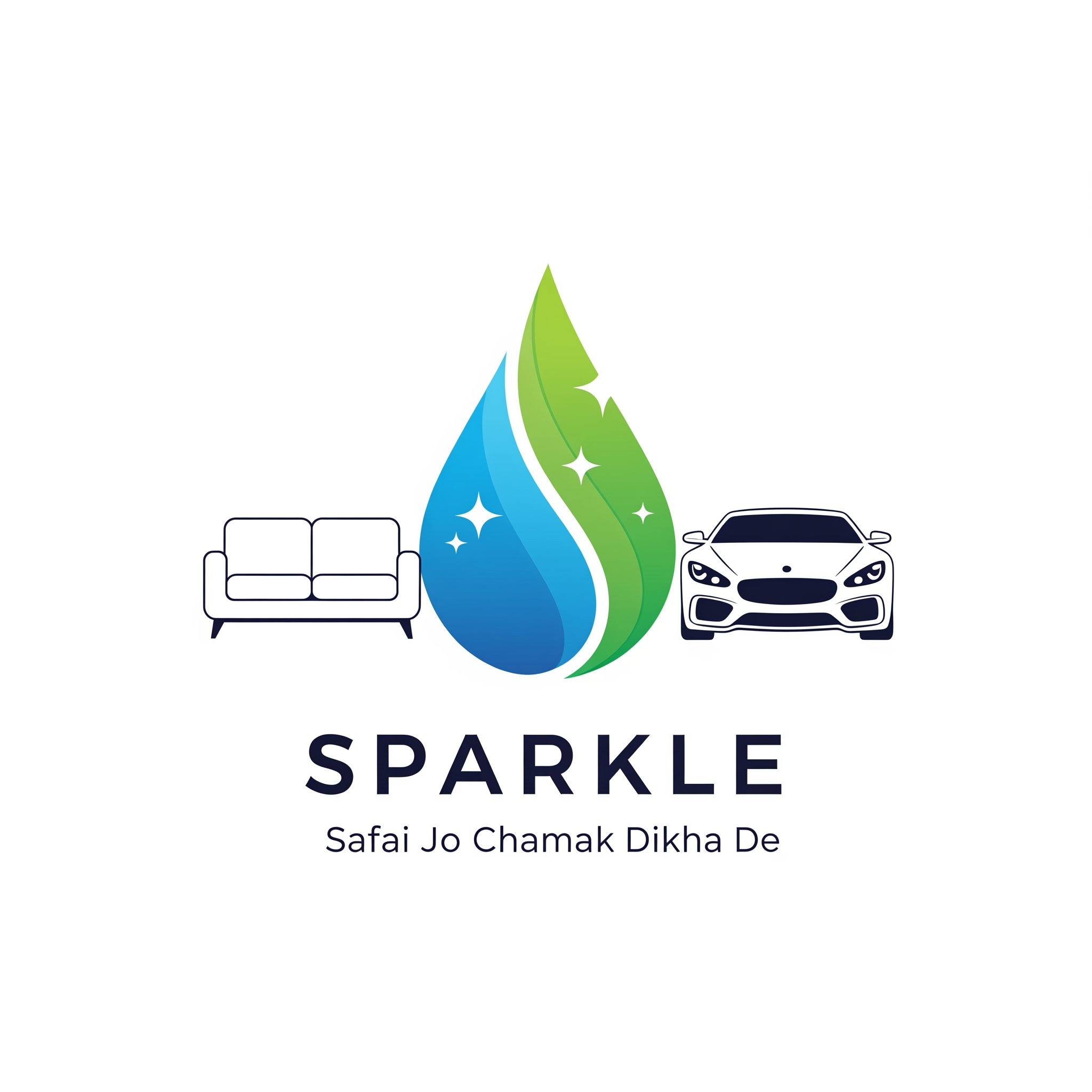 AI Design for Modern premium vector logo for SPARKLE Sofa Drycleaner & Car Wash.
Blue and green water drop symbol.
Luxury car on right.
Clean sofa on left.
Minimal flat vector design.
Bold SPARKLE typography.
Tagline: Safai Jo Chamak Dikha De.
Professional, print-ready, transparent background.