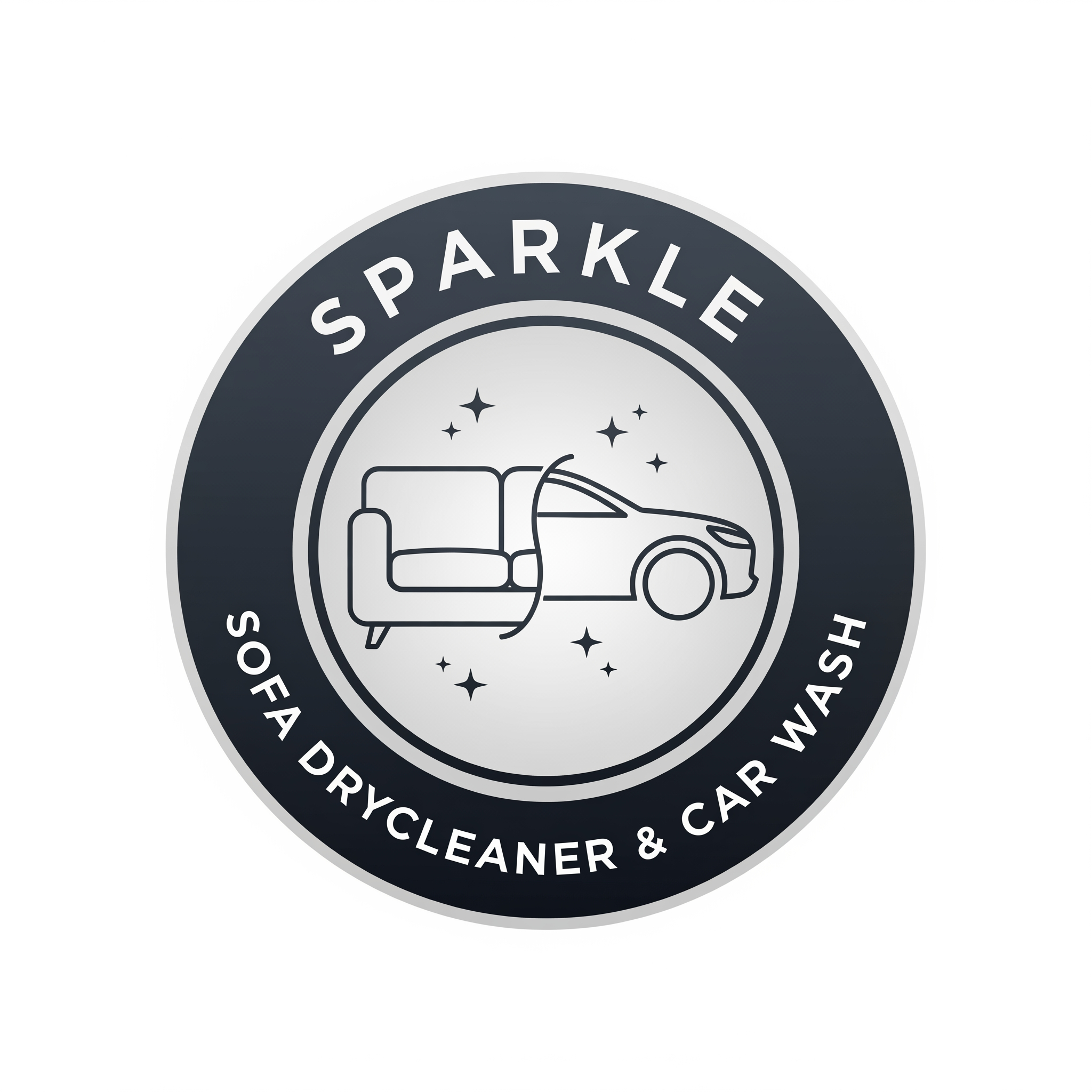 AI Design for SPARKLE
Circular badge logo
Outer ring:
SOFA DRYCLEANER & CAR WASH
Center:
Minimal sofa + car line art
Small sparkle stars
Modern premium detailing company look