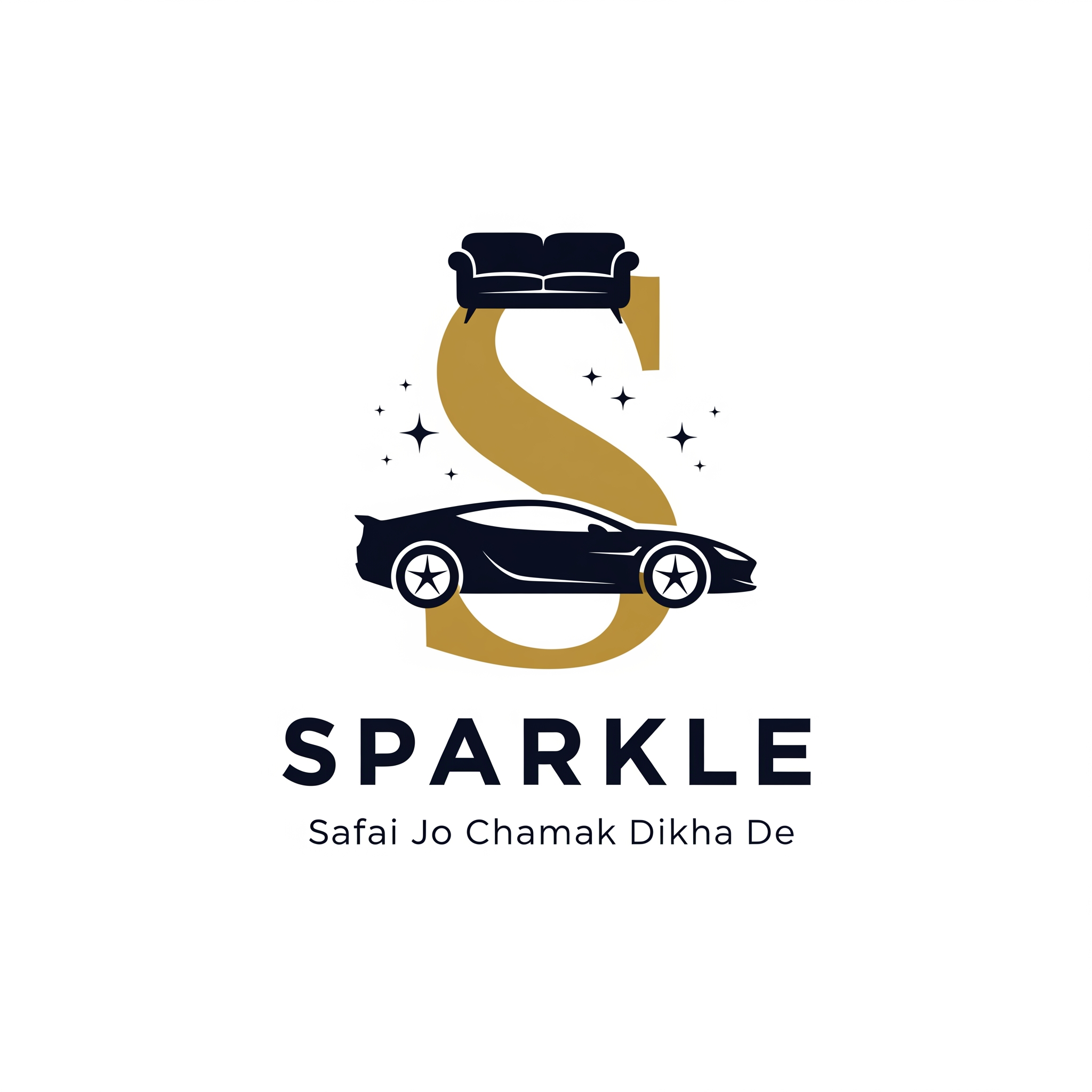 AI Design for Create a premium modern logo for SPARKLE.
Use the letter "S" as the main logo symbol.
The upper curve of S should form a sofa silhouette.
The lower curve of S should form a sleek car silhouette.
Add subtle sparkle stars around the S.
No water droplet.
Bold premium typography:
SPARKLE
Tagline:
Safai Jo Chamak Dikha De
Flat vector design.
Luxury branding.
Minimal.
Memorable.
Suitable for T-shirts, shop boards, vehicle stickers and premium brand identity.
No 3D.
No gradients.
No shadows.
White background.
SVG vector style.