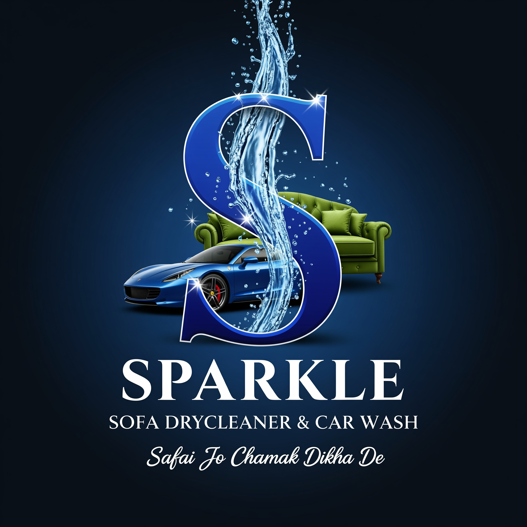 AI Design for Create a premium luxury logo for "SPARKLE".
Use a large stylish letter "S" as the central hero element.
The letter S should be elegant, bold and premium.
A realistic luxury blue sports car should be seamlessly integrated into the lower portion of the S.
A premium green sofa should be seamlessly integrated into the opposite side of the S.
A dynamic water splash should flow vertically through the center of the S, symbolizing cleaning, freshness and transformation.
The sofa and car must look naturally connected to the S, not separate floating objects.
Typography:
SPARKLE
SOFA DRYCLEANER & CAR WASH
Tagline:
Safai Jo Chamak Dikha De
Style:
Premium branding
Luxury commercial logo
High-end detailing company
Modern advertising poster style
Eye-catching
Professional
Memorable
Color Palette:
Deep Royal Blue
Luxury Green
White
Dark Navy
Composition:
Large S in center
Sofa integrated into S
Sports car integrated into S
Water splash passing through S
Brand name below in stylish luxury typography
Service name below brand name
Tagline at bottom
Background:
Dark luxury gradient background
Professional branding presentation
High-end marketing poster look
Suitable for:
T-shirt printing
Shop boards
Flex banners
Vehicle branding
Social media marketing
Business profile branding
Make it look like a premium national-level brand identity, not a simple vector icon.