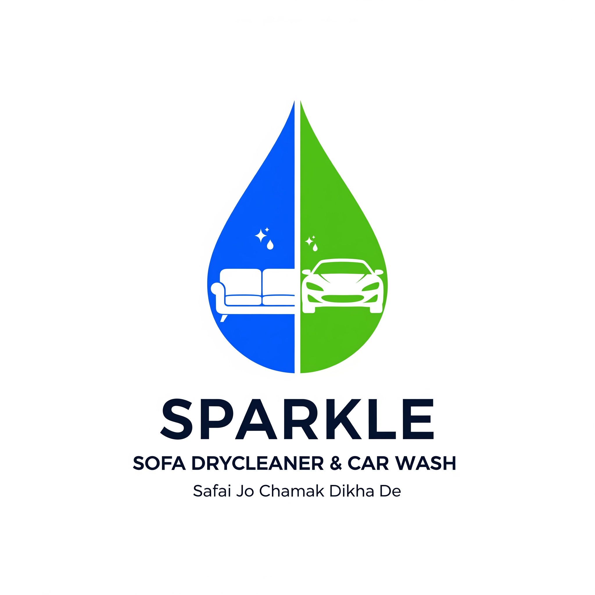 AI Design for Create a premium modern vector logo for a cleaning and detailing brand named "SPARKLE".
Business Type:
Sofa Drycleaner & Car Wash
Logo Concept:
A single elegant water droplet combining blue and green colors to represent cleanliness, freshness, water, trust, and eco-friendly service.
Inside the droplet:
• A clean modern sofa on the left side
• A sleek modern car on the right side
• Both icons must be fully integrated inside the droplet, not floating outside
• Sofa and car should look balanced and professional
Typography:
• Bold modern text: SPARKLE
• Strong, premium, memorable branding
• Dark navy blue typography
Below Brand Name:
SOFA DRYCLEANER & CAR WASH
Tagline:
Safai Jo Chamak Dikha De
Design Style:
• Flat vector logo
• Minimal and professional
• Clean lines
• Symmetrical composition
• High-end brand identity
• Modern commercial logo
• Suitable for shop board, vehicle branding, uniforms, visiting cards, website, social media, banners and stickers
Color Palette:
• Royal Blue
• Fresh Green
• White
Important Requirements:
• No 3D effects
• No gradients
• No shadows
• No cartoon style
• No mascot
• No realistic rendering
• No unnecessary details
• No background elements
Output:
• Clean SVG-style vector logo
• White background
• Print-ready
• Professional branding quality
• High resolution
• Corporate identity style
The logo should look like a real business brand that can compete with premium cleaning and detailing companies.