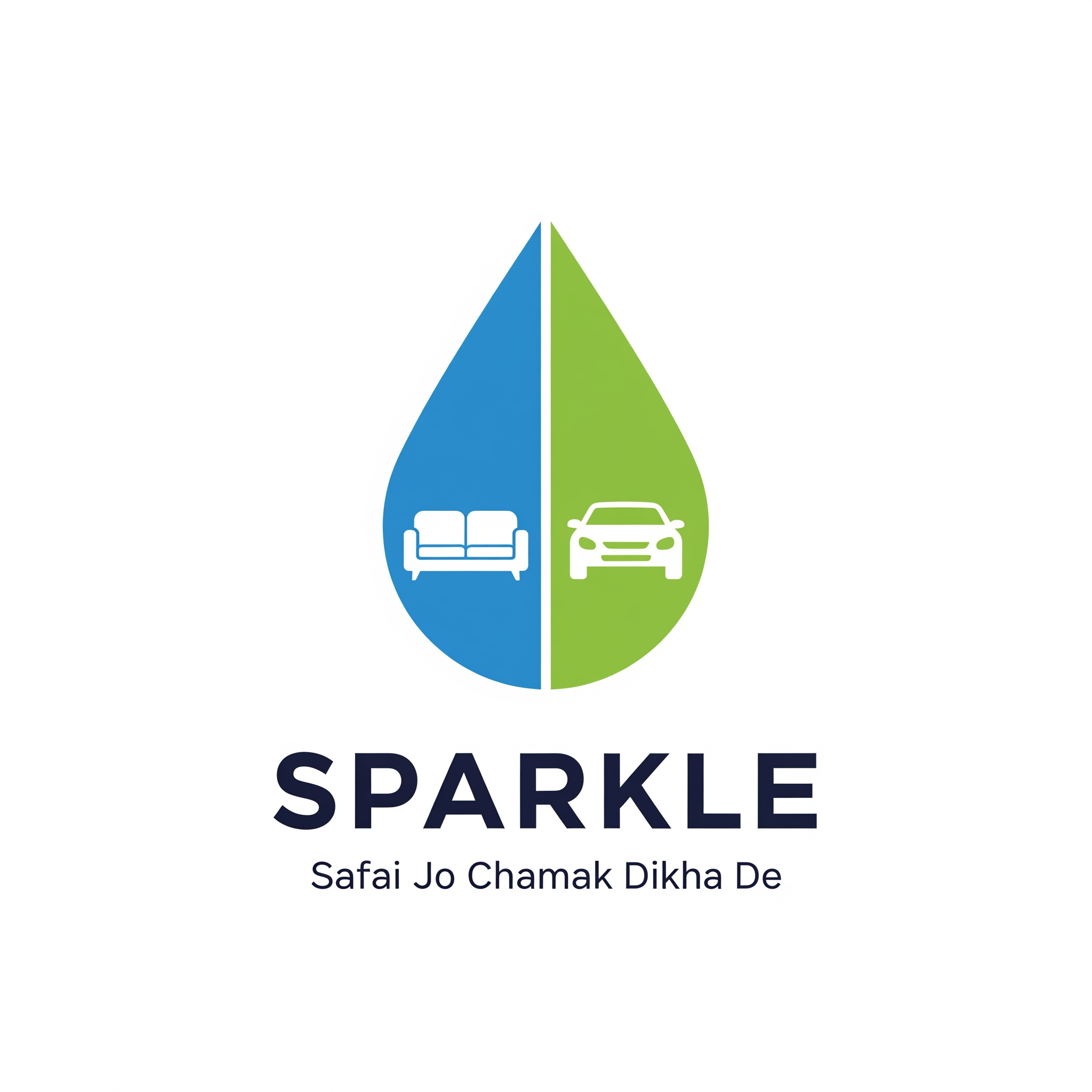 AI Design for Premium modern vector logo for SPARKLE.
A single blue and green water droplet.
Inside the droplet:
clean sofa on left,
modern car on right.
Both icons integrated inside the droplet.
Bold SPARKLE text below.
Tagline:
Safai Jo Chamak Dikha De
Flat vector design.
Minimal.
Professional.
No 3D.
No gradients.
No shadows.
No cartoon style.
Suitable for shop board and vehicle branding.