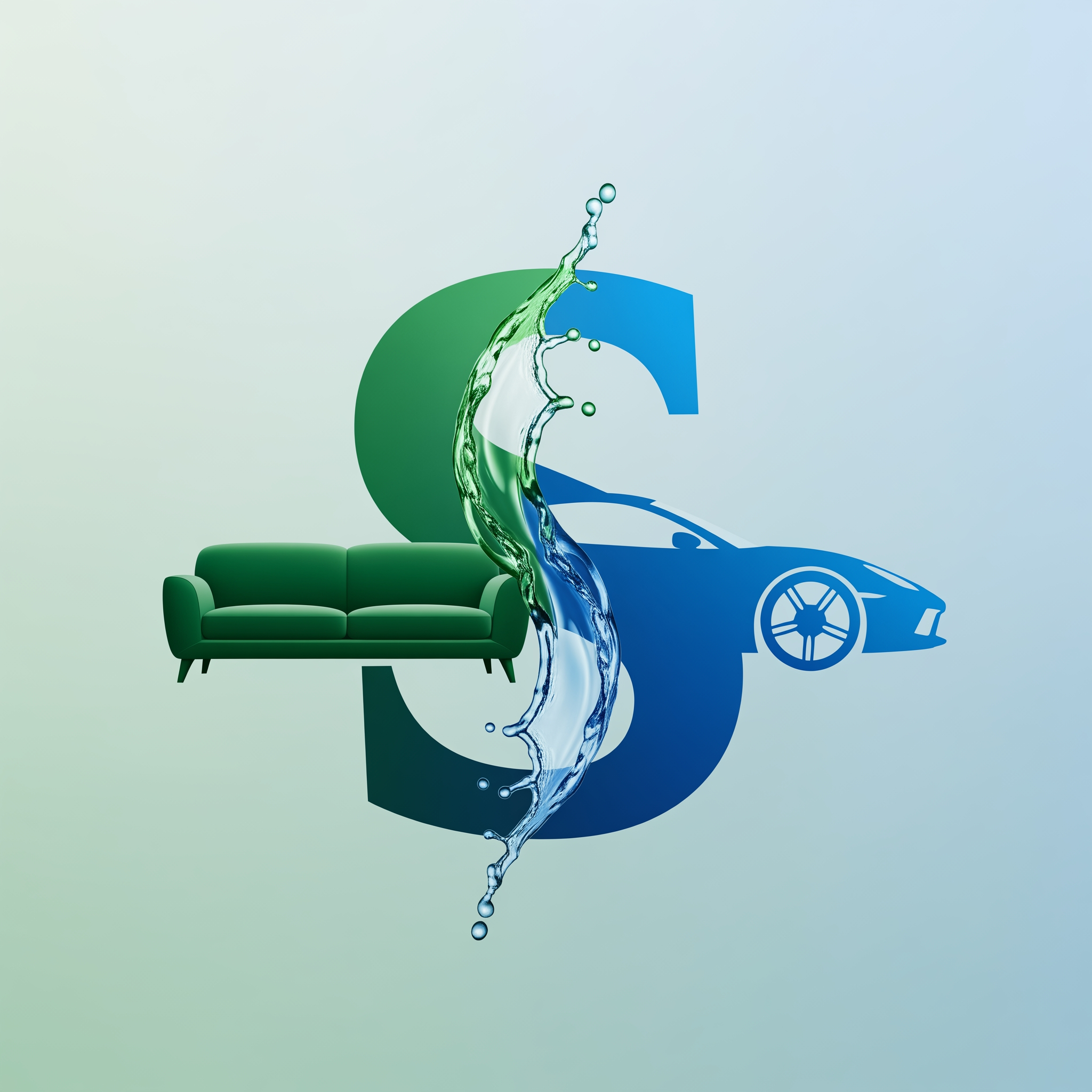 AI Design for SPARKLE
Letter "S" ko design karo:
Left side sofa shape
Right side car silhouette
Beech me water splash
Blue + Green color theme
Minimal premium branding