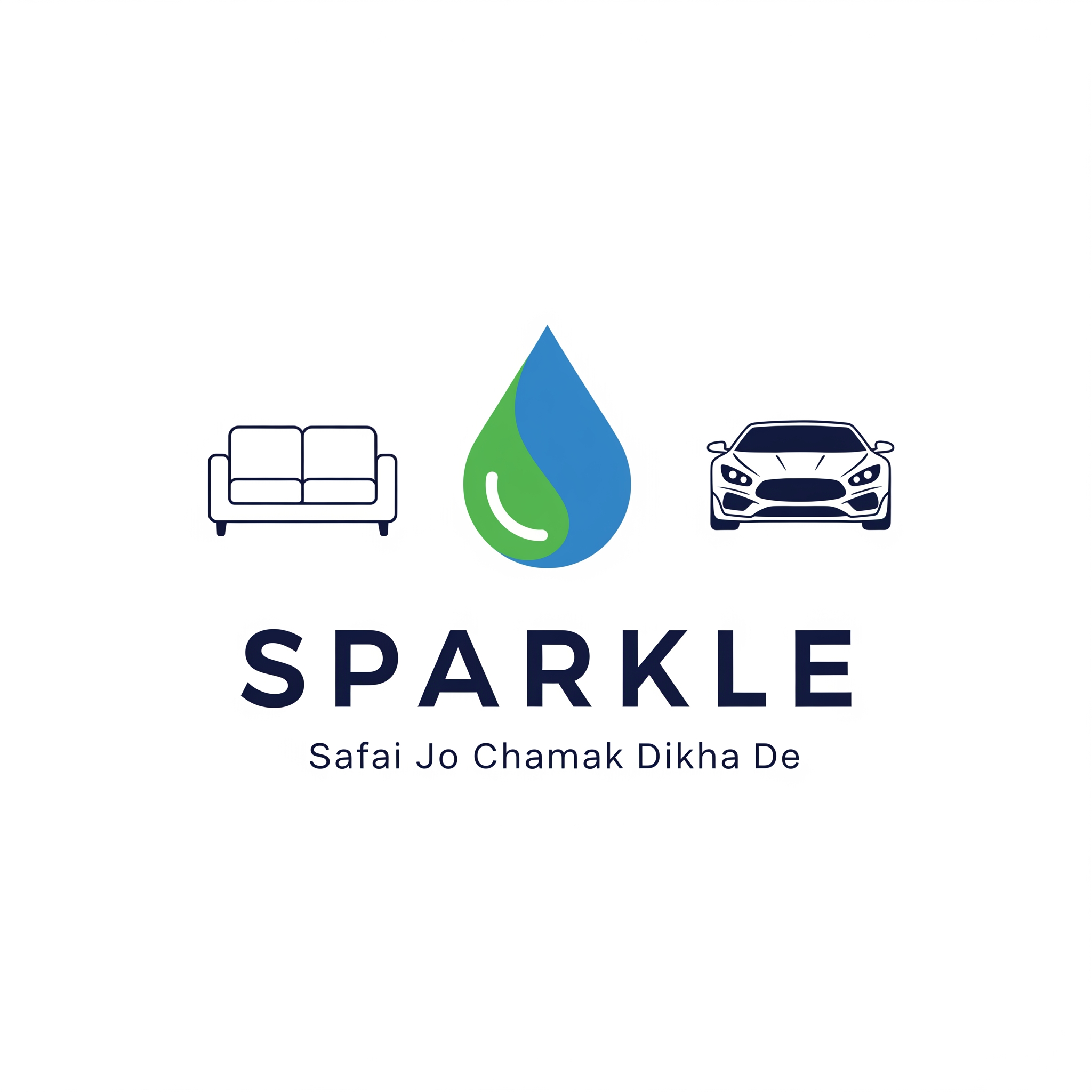 AI Design for Premium vector logo for SPARKLE.
Minimal blue and green water drop.
Clean sofa icon on left.
Modern luxury car icon on right.
Bold SPARKLE typography.
Tagline:
Safai Jo Chamak Dikha De
Flat vector style.
No gradients.
No shadows.
No 3D effects.
No cartoon style.
Professional branding logo.
Suitable for shop board, vehicle stickers, uniforms, visiting cards and social media.
White background.
SVG style.