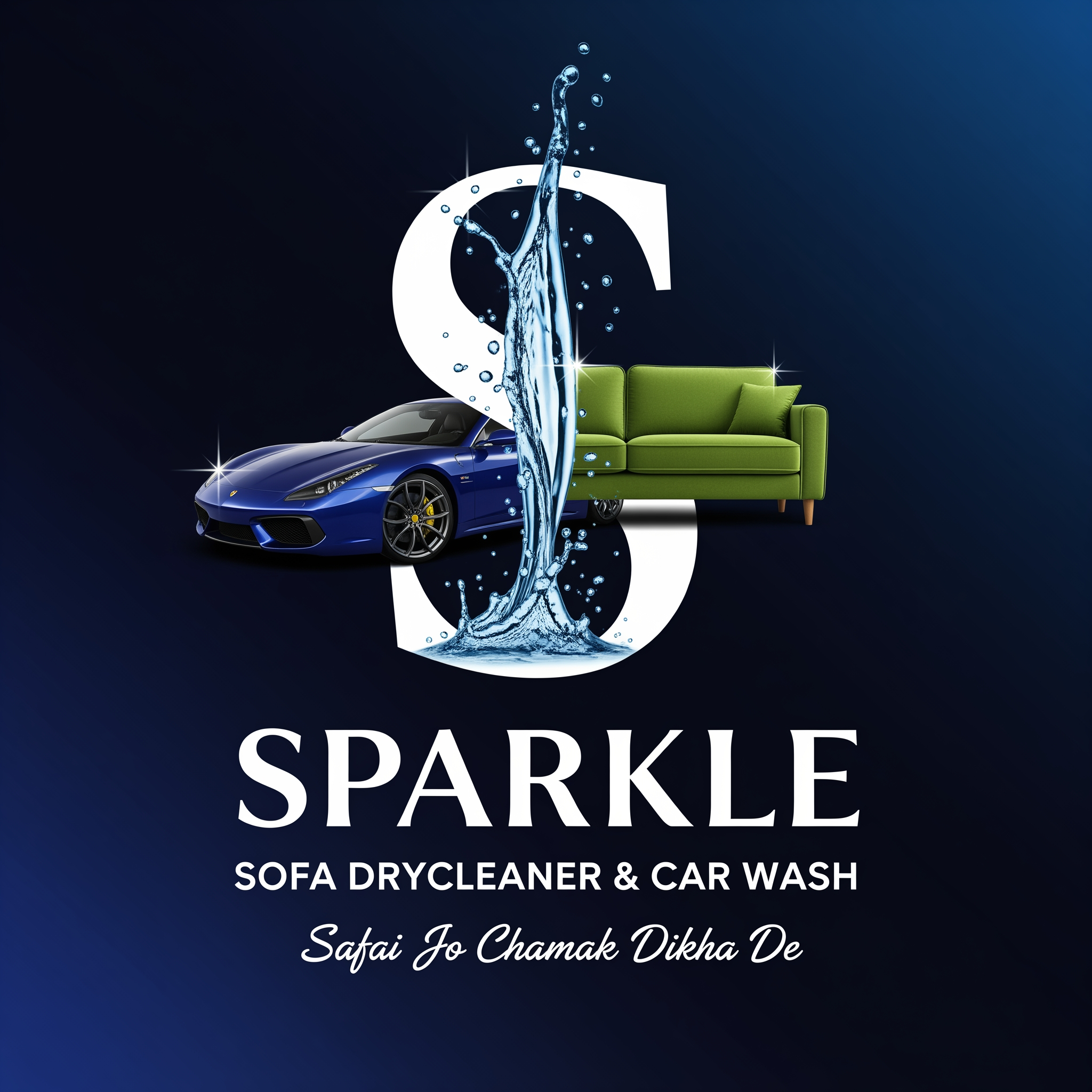 AI Design for Create a premium luxury logo for "SPARKLE".
Use a large stylish letter "S" as the central hero element.
The letter S should be elegant, bold and premium.
A realistic luxury blue sports car should be seamlessly integrated into the lower portion of the S.
A premium green sofa should be seamlessly integrated into the opposite side of the S.
A dynamic water splash should flow vertically through the center of the S, symbolizing cleaning, freshness and transformation.
The sofa and car must look naturally connected to the S, not separate floating objects.
Typography:
SPARKLE
SOFA DRYCLEANER & CAR WASH
Tagline:
Safai Jo Chamak Dikha De
Style:
Premium branding
Luxury commercial logo
High-end detailing company
Modern advertising poster style
Eye-catching
Professional
Memorable
Color Palette:
Deep Royal Blue
Luxury Green
White
Dark Navy
Composition:
Large S in center
Sofa integrated into S
Sports car integrated into S
Water splash passing through S
Brand name below in stylish luxury typography
Service name below brand name
Tagline at bottom
Background:
Dark luxury gradient background
Professional branding presentation
High-end marketing poster look
Suitable for:
T-shirt printing
Shop boards
Flex banners
Vehicle branding
Social media marketing
Business profile branding
Make it look like a premium national-level brand identity, not a simple vector icon. Keep the same logo design.
Do not change the S symbol, car, sofa or water splash.
Improve typography significantly.
Brand Name:
SPARKLE
Make SPARKLE large, bold, premium and highly readable.
Below SPARKLE add:
SOFA DRYCLEANER & CAR WASH
Make this text larger, bolder and easy to read from a distance.
Tagline:
Safai Jo Chamak Dikha De
Use an elegant luxury script font.
Increase spacing and readability.
Typography should look like a premium luxury brand.
Make text alignment perfectly centered.
Suitable for:
Shop boards
T-shirt printing
Flex banners
Vehicle branding
Text must remain sharp and readable even from a distance.
Professional branding presentation.