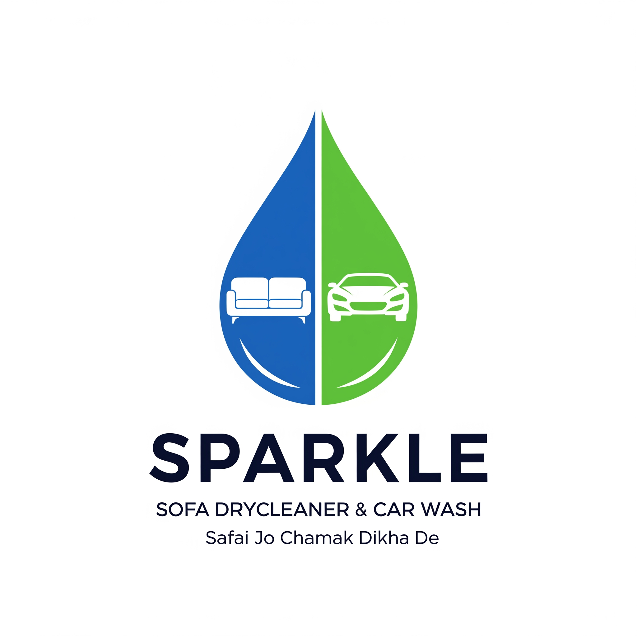 AI Design for Create a premium modern vector logo for a cleaning and detailing brand named "SPARKLE".
Business Type:
Sofa Drycleaner & Car Wash
Logo Concept:
A single elegant water droplet combining blue and green colors to represent cleanliness, freshness, water, trust, and eco-friendly service.
Inside the droplet:
• A clean modern sofa on the left side
• A sleek modern car on the right side
• Both icons must be fully integrated inside the droplet, not floating outside
• Sofa and car should look balanced and professional
Typography:
• Bold modern text: SPARKLE
• Strong, premium, memorable branding
• Dark navy blue typography
Below Brand Name:
SOFA DRYCLEANER & CAR WASH
Tagline:
Safai Jo Chamak Dikha De
Design Style:
• Flat vector logo
• Minimal and professional
• Clean lines
• Symmetrical composition
• High-end brand identity
• Modern commercial logo
• Suitable for shop board, vehicle branding, uniforms, visiting cards, website, social media, banners and stickers
Color Palette:
• Royal Blue
• Fresh Green
• White
Important Requirements:
• No 3D effects
• No gradients
• No shadows
• No cartoon style
• No mascot
• No realistic rendering
• No unnecessary details
• No background elements
Output:
• Clean SVG-style vector logo
• White background
• Print-ready
• Professional branding quality
• High resolution
• Corporate identity style
The logo should look like a real business brand that can compete with premium cleaning and detailing companies.