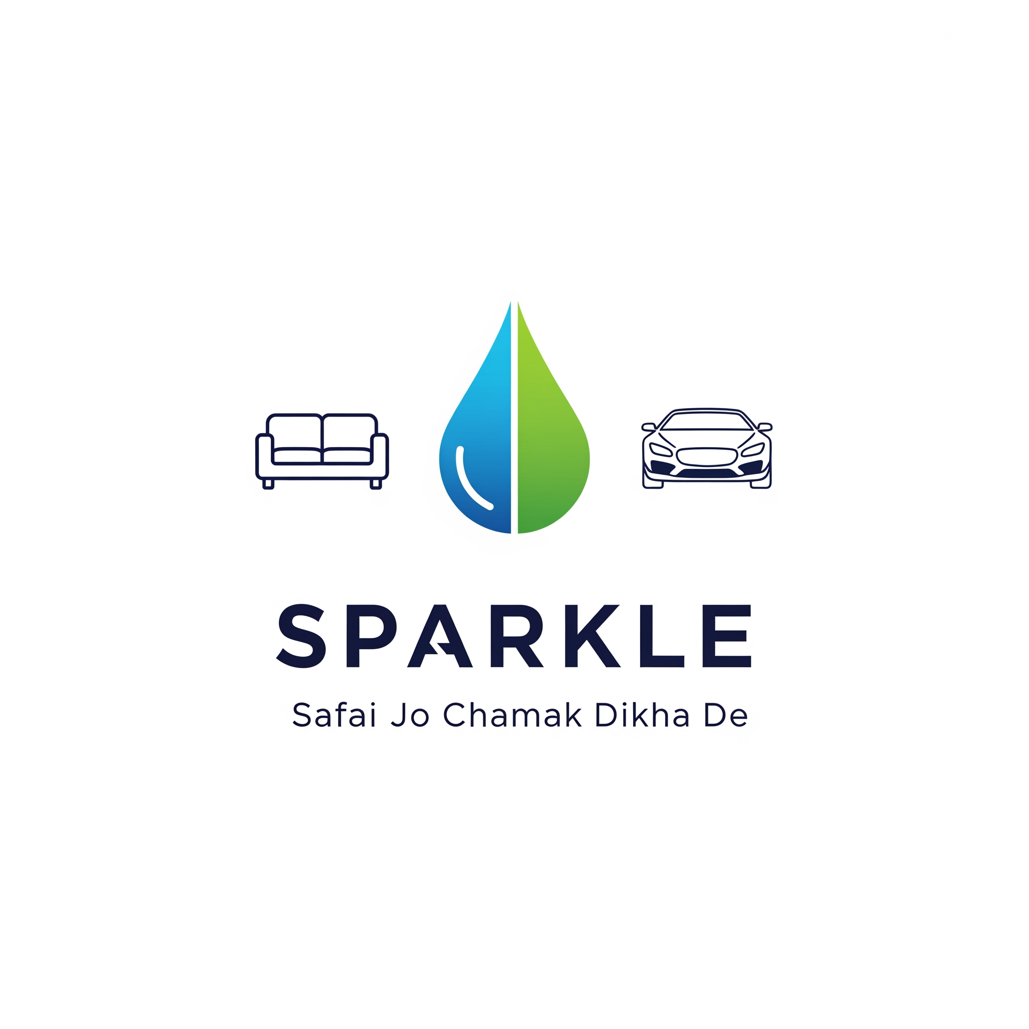 AI Design for Premium vector logo for SPARKLE.
Minimal blue and green water drop.
Clean sofa icon on left.
Modern luxury car icon on right.
Bold SPARKLE typography.
Tagline:
Safai Jo Chamak Dikha De
Flat vector style.
No gradients.
No shadows.
No 3D effects.
No cartoon style.
Professional branding logo.
Suitable for shop board, vehicle stickers, uniforms, visiting cards and social media.
White background.
SVG style.