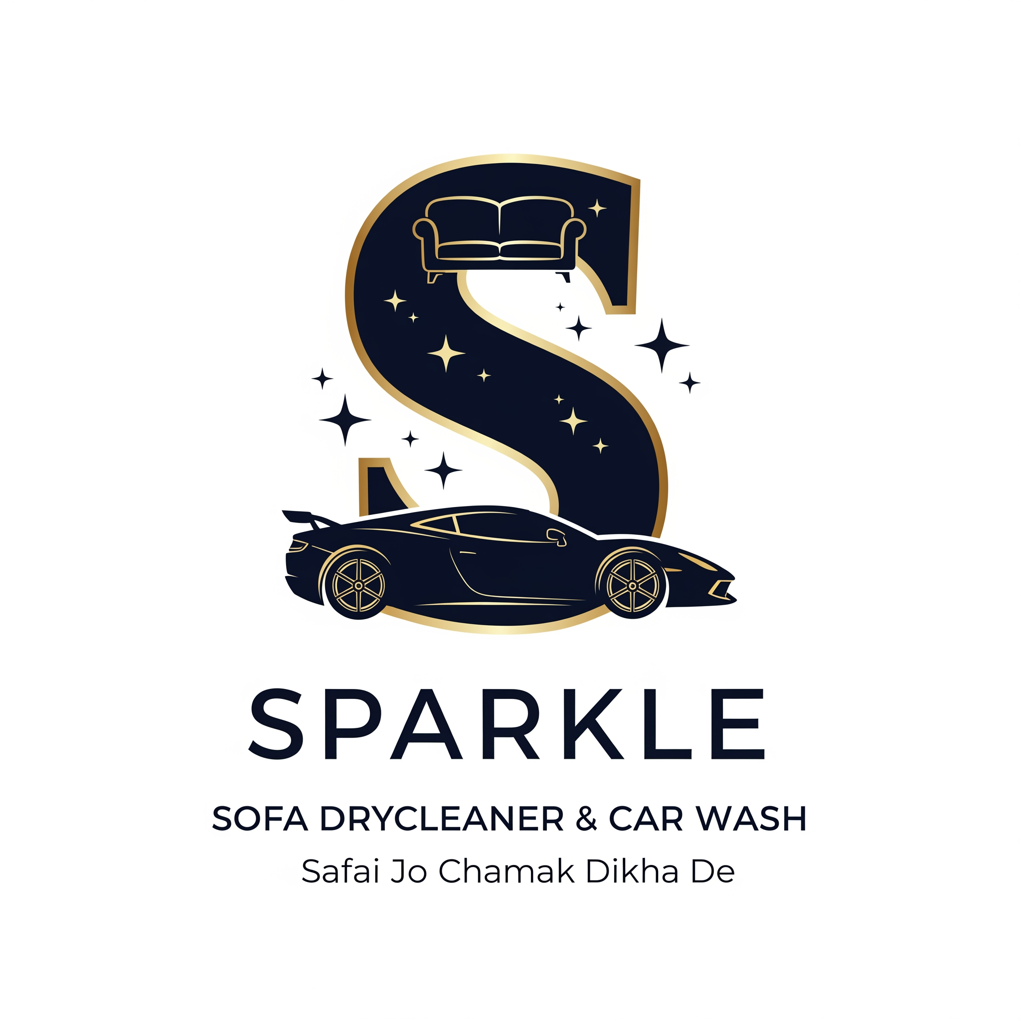 AI Design for Keep the same concept.
Create a luxury premium brand logo for SPARKLE.
Use a bold modern letter S as the main symbol.
The top of the S should subtly integrate a premium sofa silhouette.
The bottom of the S should seamlessly integrate a luxury sports car silhouette.
Add small elegant sparkle stars around the S.
Make the S thicker and more powerful.
Use premium black and deep navy blue colors with subtle gold accents.
Typography:
SPARKLE
Below:
SOFA DRYCLEANER & CAR WASH
Tagline:
Safai Jo Chamak Dikha De
Style:
Luxury
Premium
Minimal
Corporate
Memorable
Suitable for:
T-shirts
Shop boards
Vehicle branding
Business cards
Social media
No cartoon.
No clipart.
No water droplet.
No gradients.
No shadows.
No background.
Create a logo that looks like a national-level premium cleaning and detailing brand.