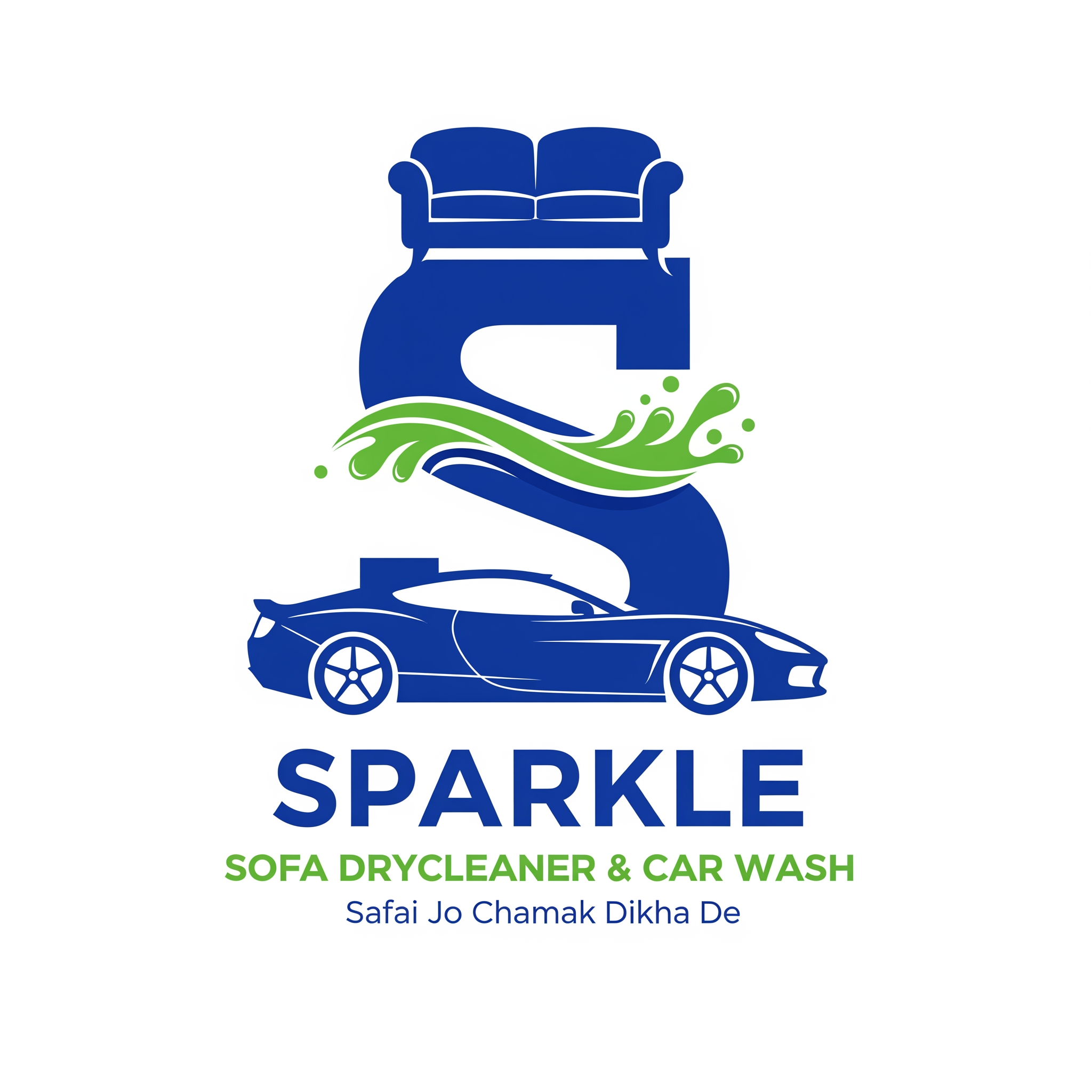 AI Design for Create a premium modern vector logo for "SPARKLE".
Business:
Sofa Drycleaner & Car Wash
Logo Concept:
Design a bold and unique letter "S" as the main brand symbol.
The upper curve of the "S" should naturally integrate a premium sofa silhouette.
The lower curve of the "S" should naturally integrate a sleek luxury car silhouette.
A dynamic water splash should flow through the center of the "S", connecting the sofa and car in a creative and elegant way.
The design should feel powerful, memorable, modern and premium.
Typography:
Brand Name:
SPARKLE
Below:
SOFA DRYCLEANER & CAR WASH
Tagline:
Safai Jo Chamak Dikha De
Color Palette:
Royal Blue
Fresh Green
White
Design Style:
Luxury branding
Modern commercial logo
Flat vector design
Minimal but impactful
Clean geometric shapes
High-end detailing company look
Suitable for:
T-shirt printing
Shop boards
Flex banners
Vehicle branding
Business cards
Social media
Stickers
Uniform branding
Important Requirements:
Make the "S" the hero element.
The sofa and car should be part of the S shape, not separate icons.
Water splash should blend naturally with the S.
Bold and thick S shape.
Strong visual impact from a distance.
Instantly recognizable.
Professional SVG-style logo.
White background.
No 3D effects.
No gradients.
No shadows.
No clipart.
No cartoon style.
No stock icons.
No unnecessary details.
Brand Feel:
Premium
Clean
Modern
Trustworthy
Powerful
Luxury
Memorable
Corporate
The final logo should look like a national-level premium cleaning and detailing brand, suitable for large shop boards and T-shirt printing.