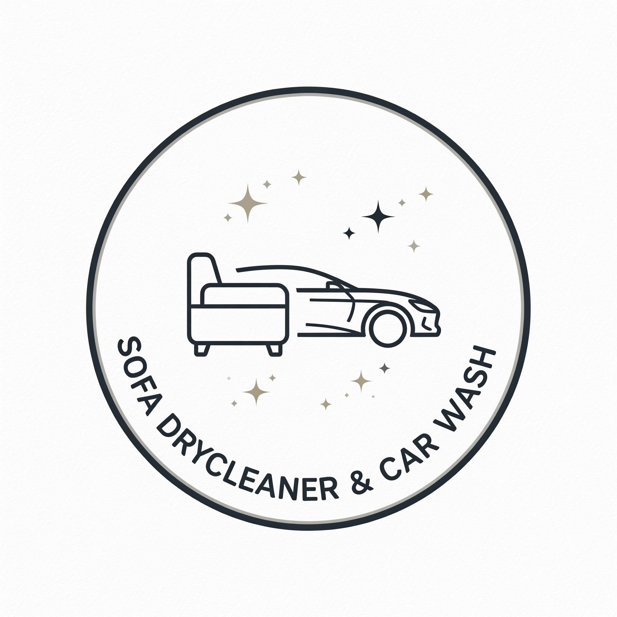 AI Design for SPARKLE
Circular badge logo
Outer ring:
SOFA DRYCLEANER & CAR WASH
Center:
Minimal sofa + car line art
Small sparkle stars
Modern premium detailing company look