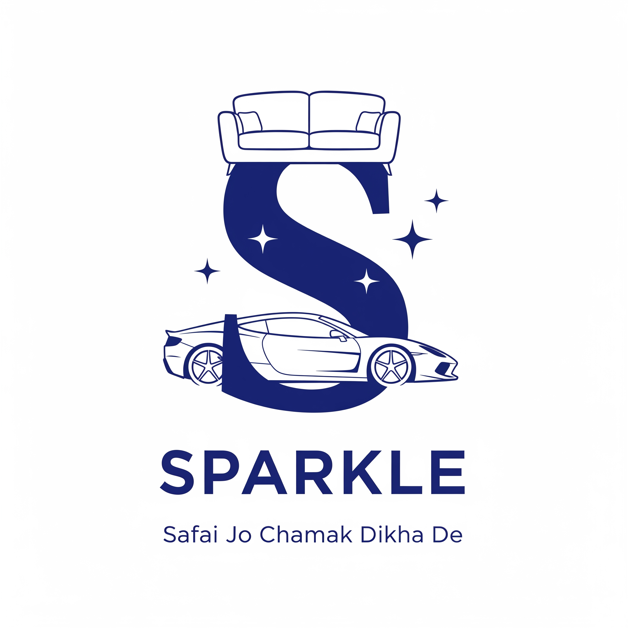 AI Design for Create a premium modern logo for SPARKLE.
Use the letter "S" as the main logo symbol.
The upper curve of S should form a sofa silhouette.
The lower curve of S should form a sleek car silhouette.
Add subtle sparkle stars around the S.
No water droplet.
Bold premium typography:
SPARKLE
Tagline:
Safai Jo Chamak Dikha De
Flat vector design.
Luxury branding.
Minimal.
Memorable.
Suitable for T-shirts, shop boards, vehicle stickers and premium brand identity.
No 3D.
No gradients.
No shadows.
White background.
SVG vector style.