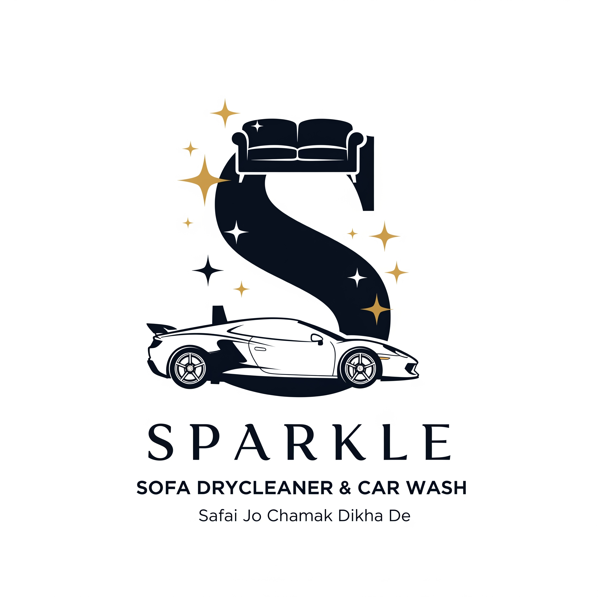 AI Design for Keep the same concept.
Create a luxury premium brand logo for SPARKLE.
Use a bold modern letter S as the main symbol.
The top of the S should subtly integrate a premium sofa silhouette.
The bottom of the S should seamlessly integrate a luxury sports car silhouette.
Add small elegant sparkle stars around the S.
Make the S thicker and more powerful.
Use premium black and deep navy blue colors with subtle gold accents.
Typography:
SPARKLE
Below:
SOFA DRYCLEANER & CAR WASH
Tagline:
Safai Jo Chamak Dikha De
Style:
Luxury
Premium
Minimal
Corporate
Memorable
Suitable for:
T-shirts
Shop boards
Vehicle branding
Business cards
Social media
No cartoon.
No clipart.
No water droplet.
No gradients.
No shadows.
No background.
Create a logo that looks like a national-level premium cleaning and detailing brand.