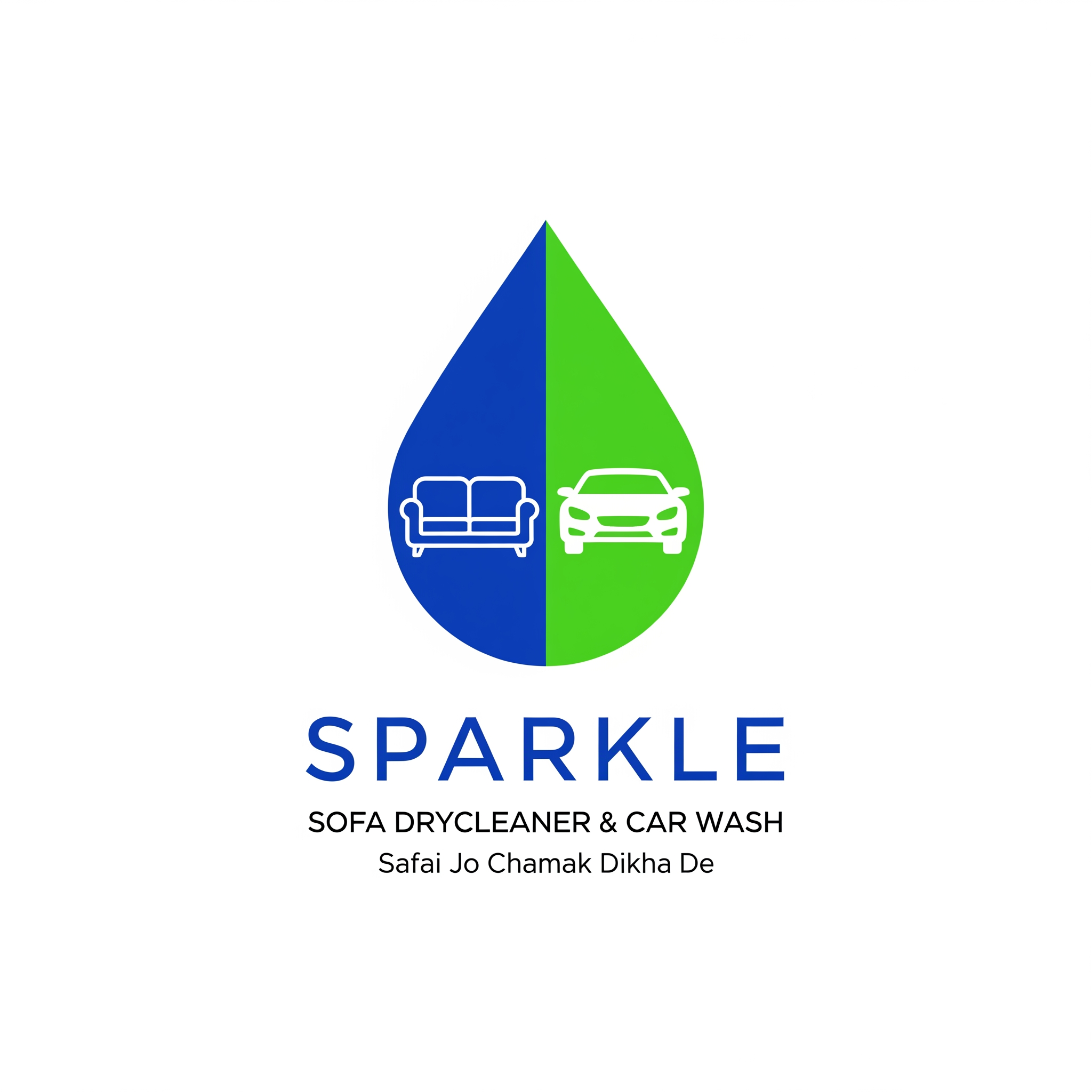 AI Design for Create a premium, minimalist vector logo for "SPARKLE".
Business:
Sofa Drycleaner & Car Wash
Logo Symbol:
A single elegant water droplet combining royal blue and fresh green.
Inside the droplet:
• Modern sofa on the left
• Modern car on the right
• Icons fully integrated within the droplet
• Balanced, symmetrical composition
Typography:
SPARKLE
Below:
SOFA DRYCLEANER & CAR WASH
Tagline:
Safai Jo Chamak Dikha De
Style:
• Premium brand identity
• Flat vector design
• Clean geometric lines
• Modern commercial branding
• Memorable and instantly recognizable
• Suitable for shop boards, vehicle branding, uniforms, visiting cards, social media and packaging
Colors:
• Royal Blue
• Fresh Green
• White
Requirements:
• SVG-style vector logo
• White background
• Centered composition
• High contrast
• Professional typography
• Corporate branding quality
Strictly Avoid:
• 3D effects
• Gradients
• Shadows
• Glow effects
• Cartoon style
• Mascots
• Realistic illustrations
• Clipart
• Excessive details
• Background graphics
• Mockups
Make the logo look like a professionally designed brand mark that can be used by a national-level cleaning and detailing company.
Reference Style:
Simple like modern automotive brands and premium service company logos.
Prioritize simplicity, readability, scalability and print quality.