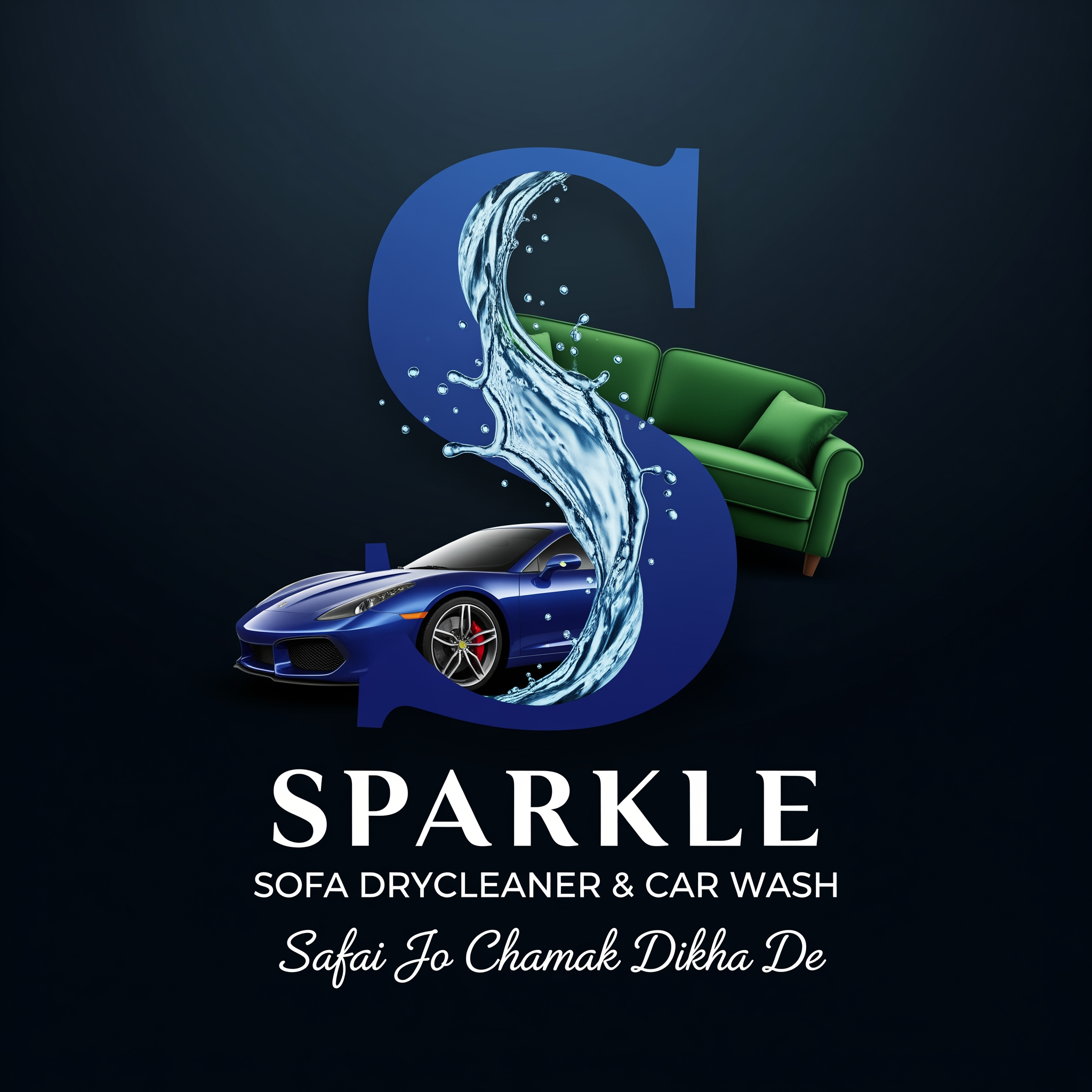 AI Design for Create a premium luxury logo for "SPARKLE".
Use a large stylish letter "S" as the central hero element.
The letter S should be elegant, bold and premium.
A realistic luxury blue sports car should be seamlessly integrated into the lower portion of the S.
A premium green sofa should be seamlessly integrated into the opposite side of the S.
A dynamic water splash should flow vertically through the center of the S, symbolizing cleaning, freshness and transformation.
The sofa and car must look naturally connected to the S, not separate floating objects.
Typography:
SPARKLE
SOFA DRYCLEANER & CAR WASH
Tagline:
Safai Jo Chamak Dikha De
Style:
Premium branding
Luxury commercial logo
High-end detailing company
Modern advertising poster style
Eye-catching
Professional
Memorable
Color Palette:
Deep Royal Blue
Luxury Green
White
Dark Navy
Composition:
Large S in center
Sofa integrated into S
Sports car integrated into S
Water splash passing through S
Brand name below in stylish luxury typography
Service name below brand name
Tagline at bottom
Background:
Dark luxury gradient background
Professional branding presentation
High-end marketing poster look
Suitable for:
T-shirt printing
Shop boards
Flex banners
Vehicle branding
Social media marketing
Business profile branding
Make it look like a premium national-level brand identity, not a simple vector icon.