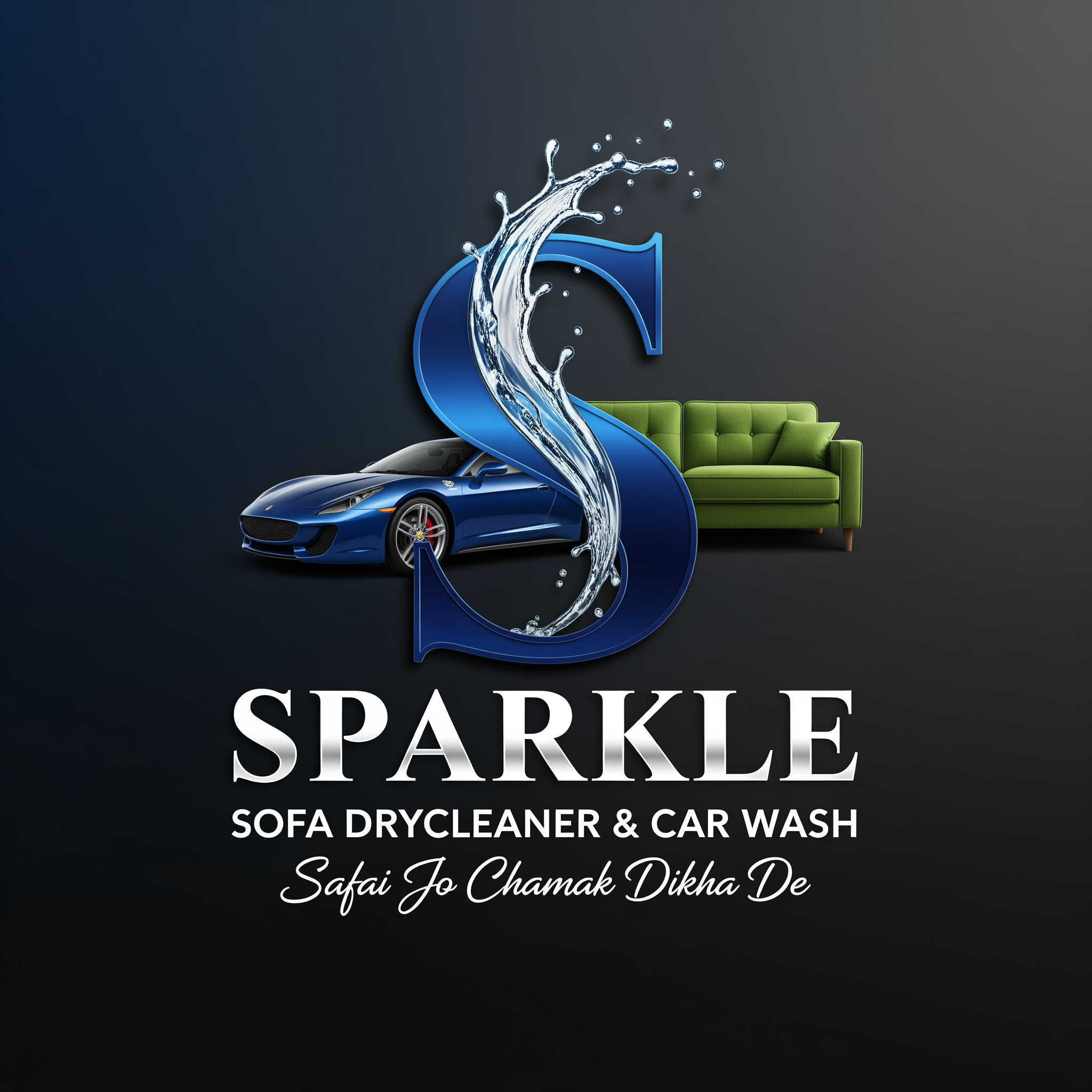 AI Design for Create a premium luxury logo for "SPARKLE".
Use a large stylish letter "S" as the central hero element.
The letter S should be elegant, bold and premium.
A realistic luxury blue sports car should be seamlessly integrated into the lower portion of the S.
A premium green sofa should be seamlessly integrated into the opposite side of the S.
A dynamic water splash should flow vertically through the center of the S, symbolizing cleaning, freshness and transformation.
The sofa and car must look naturally connected to the S, not separate floating objects.
Typography:
SPARKLE
SOFA DRYCLEANER & CAR WASH
Tagline:
Safai Jo Chamak Dikha De
Style:
Premium branding
Luxury commercial logo
High-end detailing company
Modern advertising poster style
Eye-catching
Professional
Memorable
Color Palette:
Deep Royal Blue
Luxury Green
White
Dark Navy
Composition:
Large S in center
Sofa integrated into S
Sports car integrated into S
Water splash passing through S
Brand name below in stylish luxury typography
Service name below brand name
Tagline at bottom
Background:
Dark luxury gradient background
Professional branding presentation
High-end marketing poster look
Suitable for:
T-shirt printing
Shop boards
Flex banners
Vehicle branding
Social media marketing
Business profile branding
Make it look like a premium national-level brand identity, not a simple vector icon. Keep the same logo design.
Do not change the S symbol, car, sofa or water splash.
Improve typography significantly.
Brand Name:
SPARKLE
Make SPARKLE large, bold, premium and highly readable.
Below SPARKLE add:
SOFA DRYCLEANER & CAR WASH
Make this text larger, bolder and easy to read from a distance.
Tagline:
Safai Jo Chamak Dikha De
Use an elegant luxury script font.
Increase spacing and readability.
Typography should look like a premium luxury brand.
Make text alignment perfectly centered.
Suitable for:
Shop boards
T-shirt printing
Flex banners
Vehicle branding
Text must remain sharp and readable even from a distance.
Professional branding presentation.