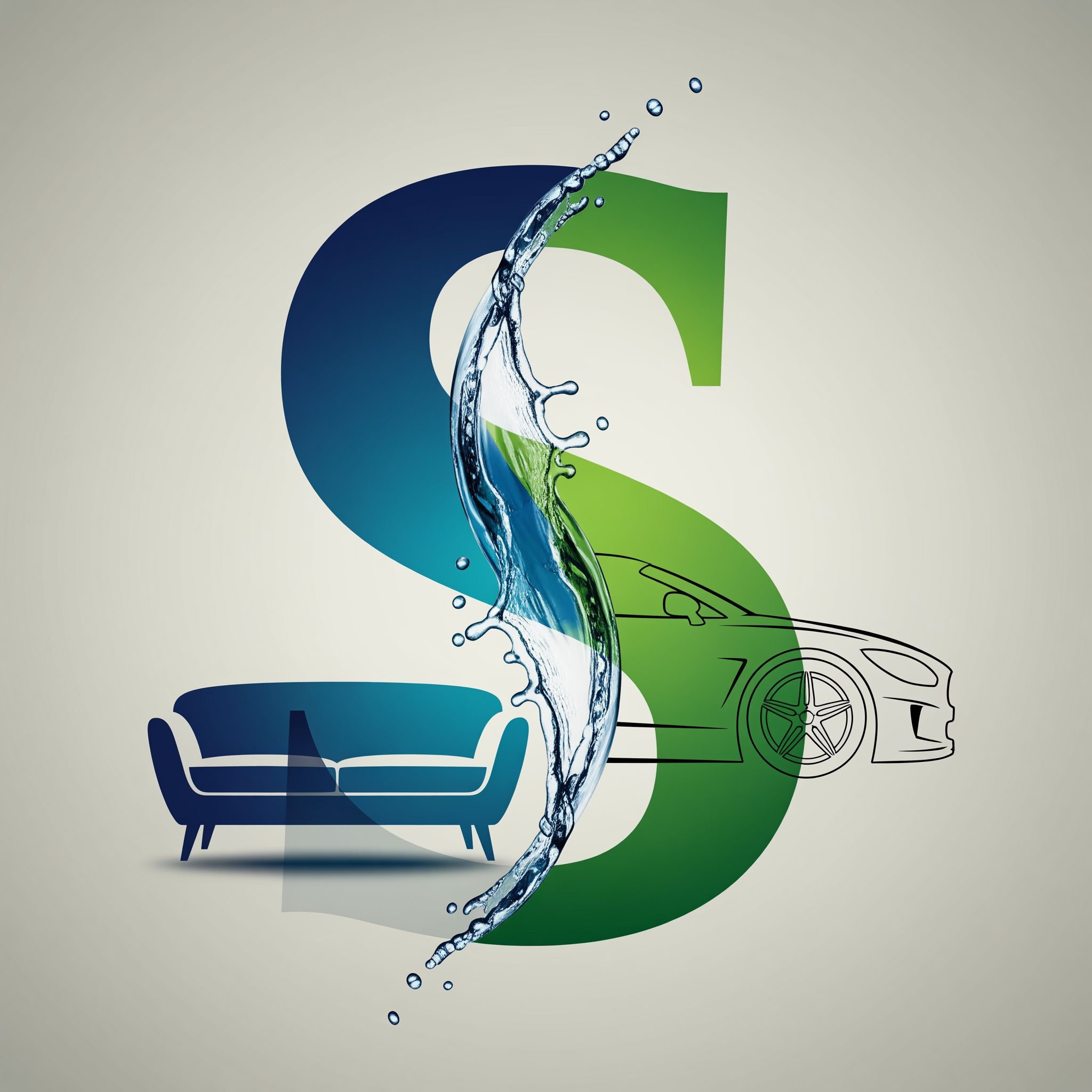 AI Design for SPARKLE
Letter "S" ko design karo:
Left side sofa shape
Right side car silhouette
Beech me water splash
Blue + Green color theme
Minimal premium branding