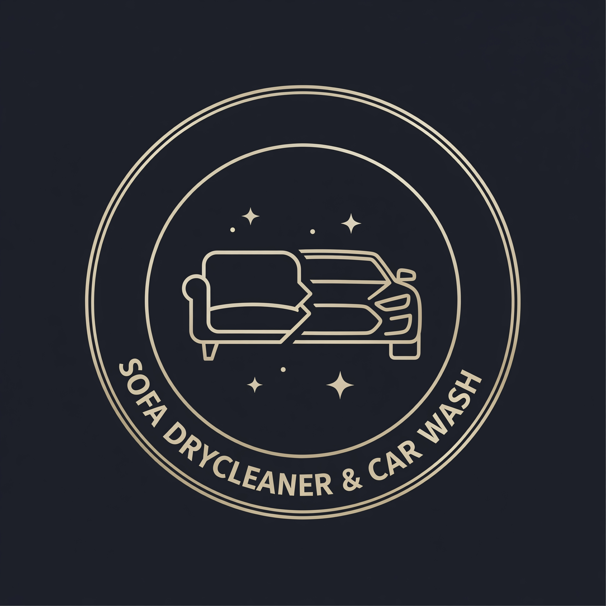 AI Design for SPARKLE
Circular badge logo
Outer ring:
SOFA DRYCLEANER & CAR WASH
Center:
Minimal sofa + car line art
Small sparkle stars
Modern premium detailing company look