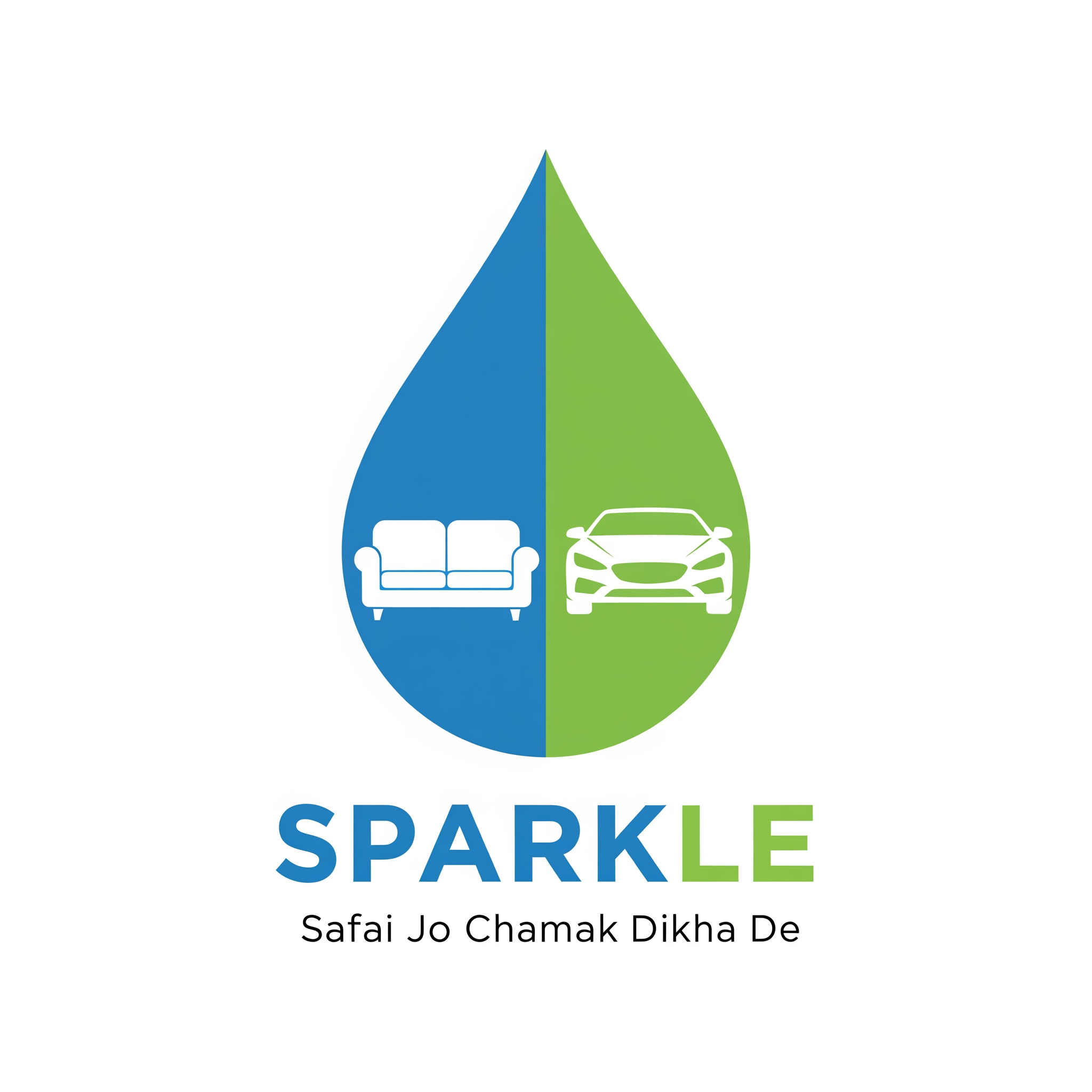 AI Design for Premium modern vector logo for SPARKLE.
A single blue and green water droplet.
Inside the droplet:
clean sofa on left,
modern car on right.
Both icons integrated inside the droplet.
Bold SPARKLE text below.
Tagline:
Safai Jo Chamak Dikha De
Flat vector design.
Minimal.
Professional.
No 3D.
No gradients.
No shadows.
No cartoon style.
Suitable for shop board and vehicle branding.