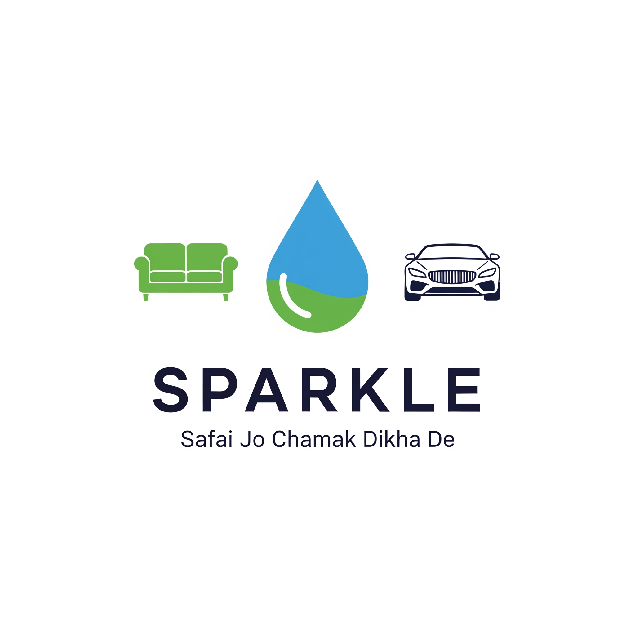 AI Design for Premium vector logo for SPARKLE.
Minimal blue and green water drop.
Clean sofa icon on left.
Modern luxury car icon on right.
Bold SPARKLE typography.
Tagline:
Safai Jo Chamak Dikha De
Flat vector style.
No gradients.
No shadows.
No 3D effects.
No cartoon style.
Professional branding logo.
Suitable for shop board, vehicle stickers, uniforms, visiting cards and social media.
White background.
SVG style.